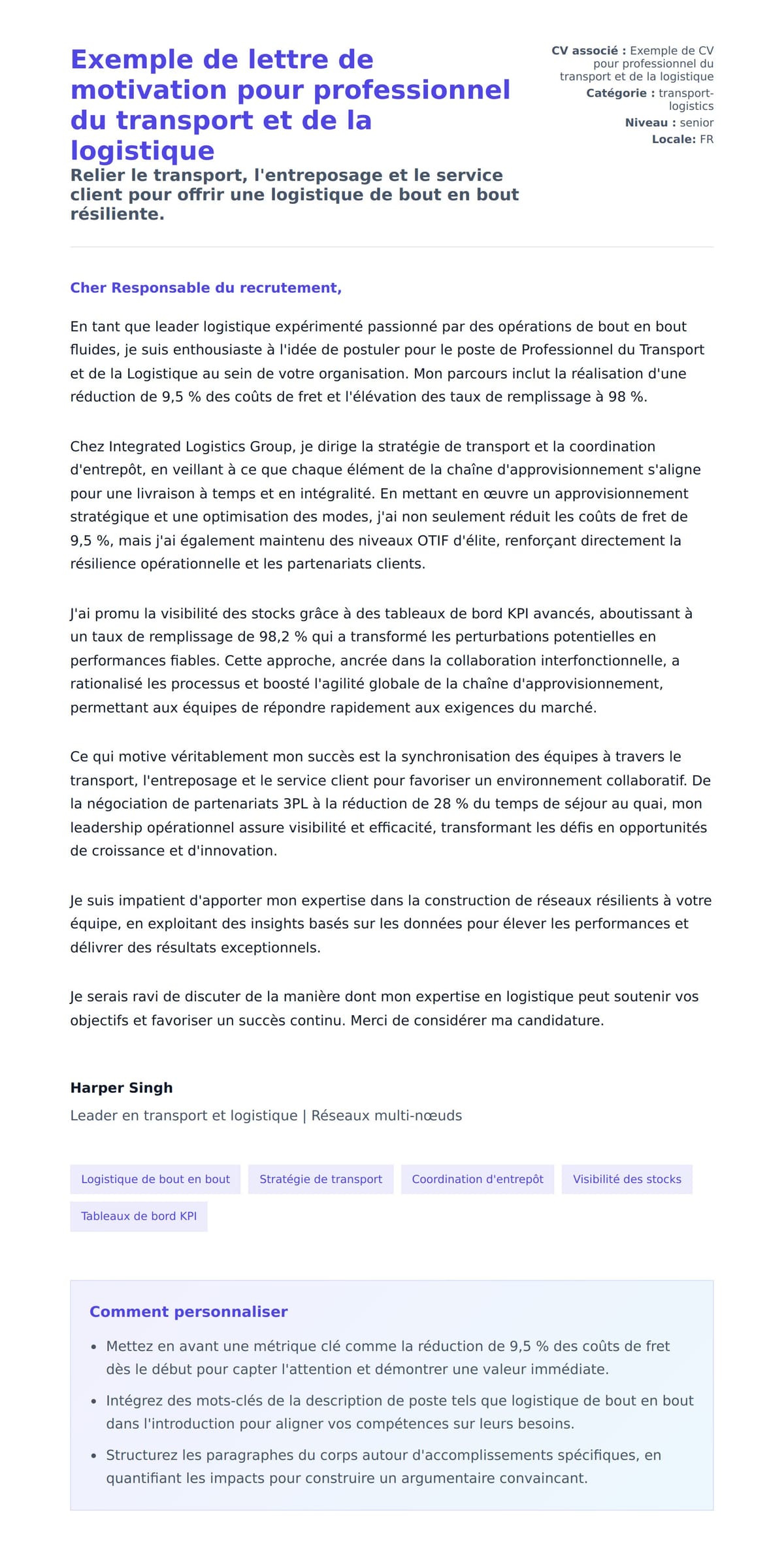 Aperçu de la lettre de motivation pour Exemple de lettre de motivation pour professionnel du transport et de la logistique