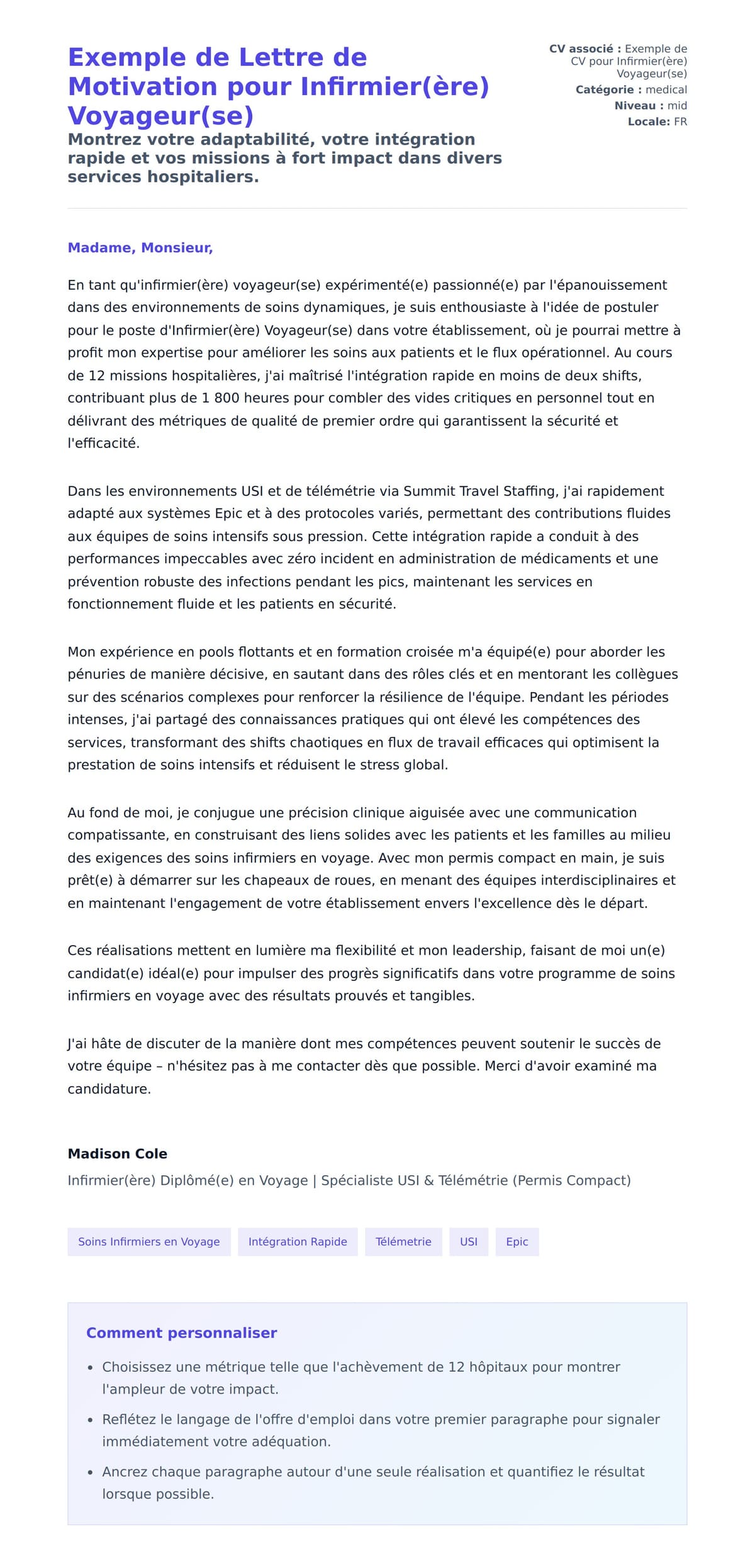 Aperçu de la lettre de motivation pour Exemple de Lettre de Motivation pour Infirmier(ère) Voyageur(se)