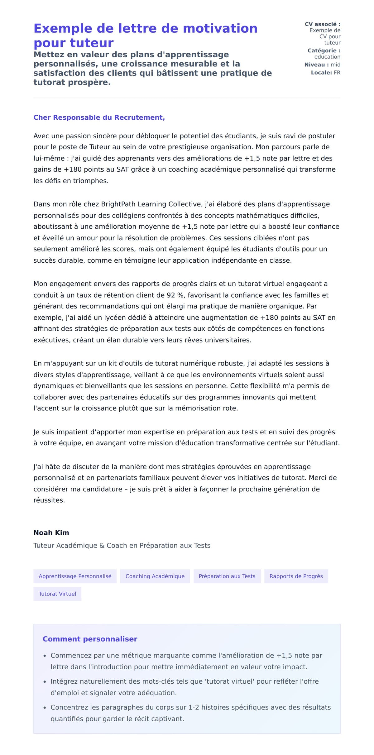Aperçu de la lettre de motivation pour Exemple de lettre de motivation pour tuteur