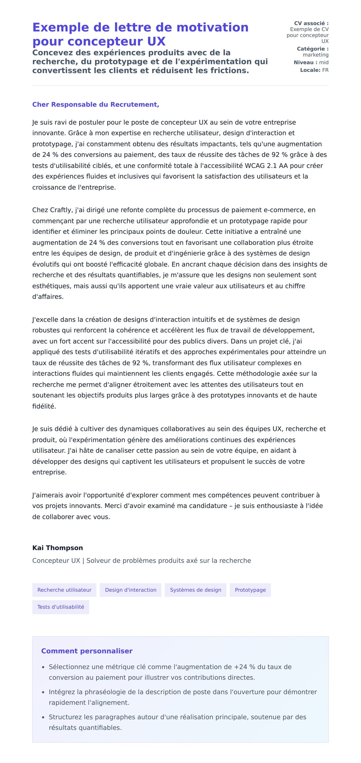 Aperçu de la lettre de motivation pour Exemple de lettre de motivation pour concepteur UX