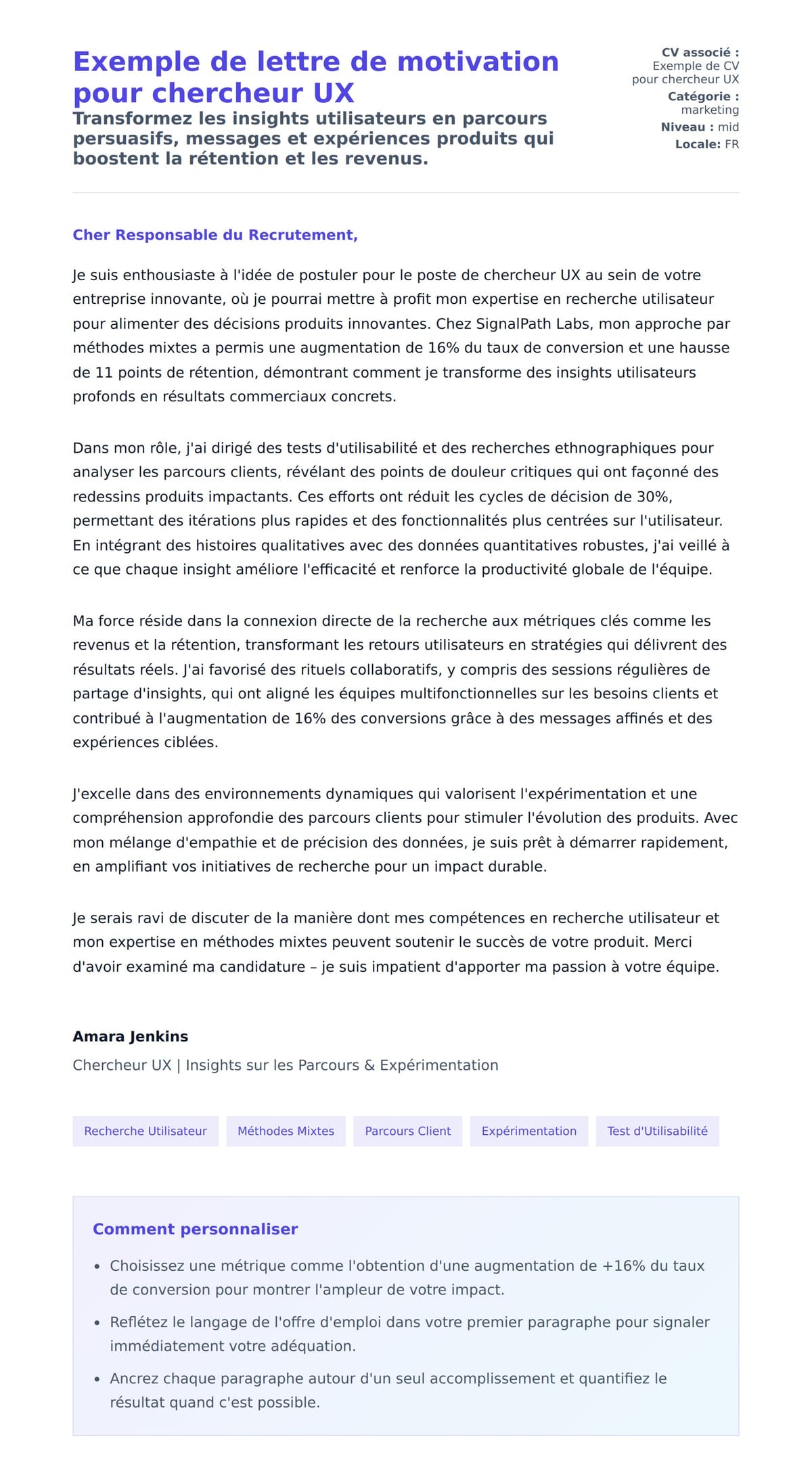 Aperçu de la lettre de motivation pour Exemple de lettre de motivation pour chercheur UX