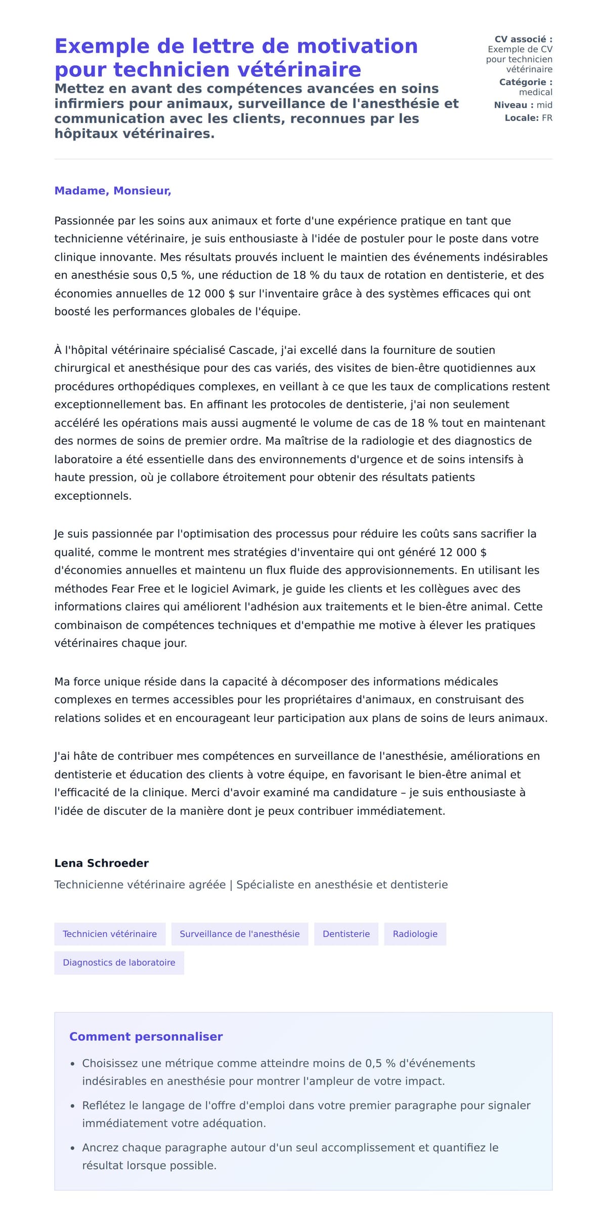 Aperçu de la lettre de motivation pour Exemple de lettre de motivation pour technicien vétérinaire