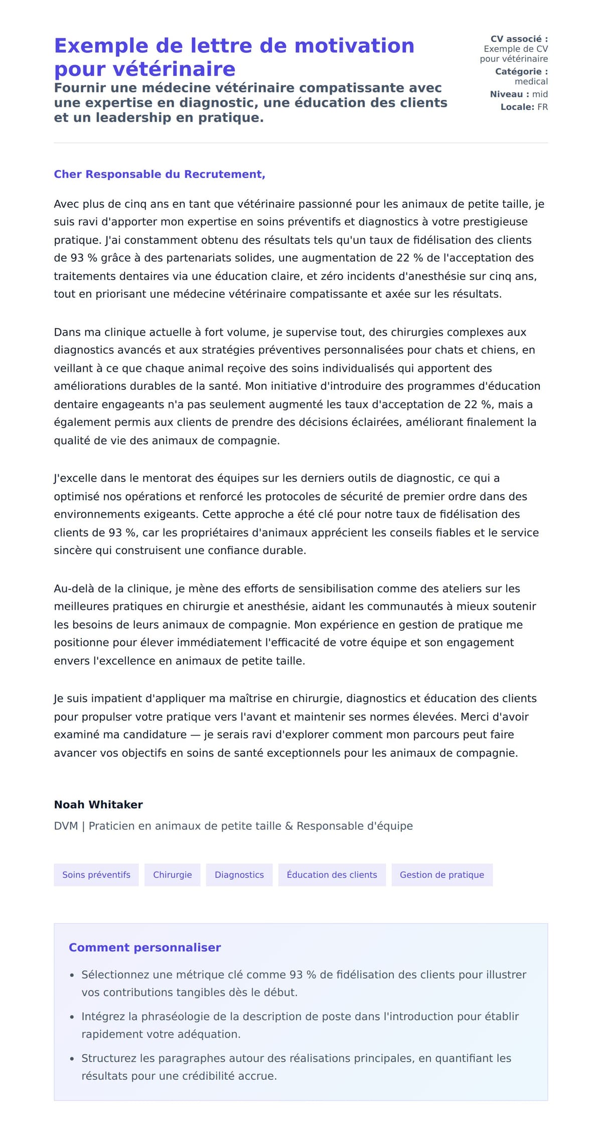 Aperçu de la lettre de motivation pour Exemple de lettre de motivation pour vétérinaire