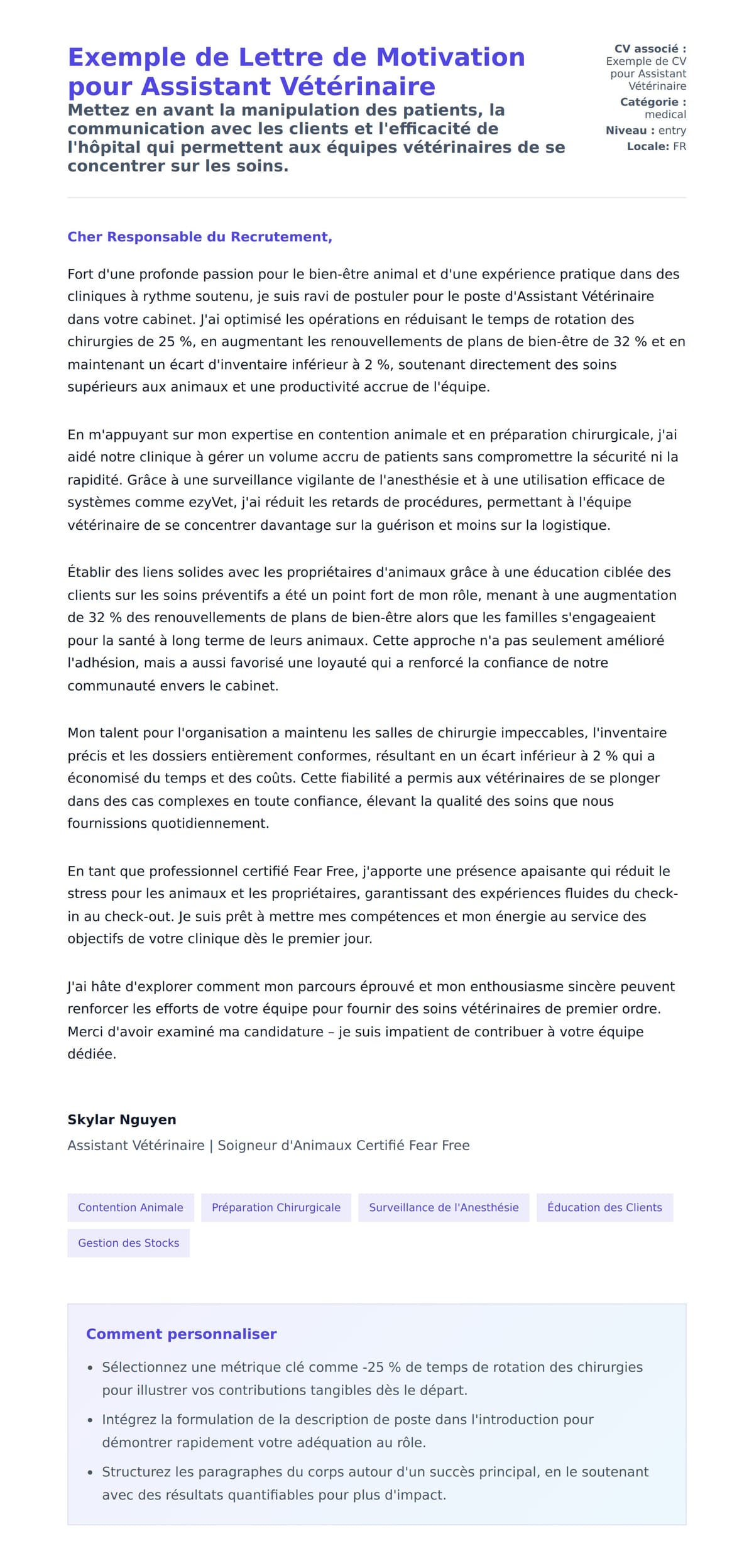 Aperçu de la lettre de motivation pour Exemple de Lettre de Motivation pour Assistant Vétérinaire