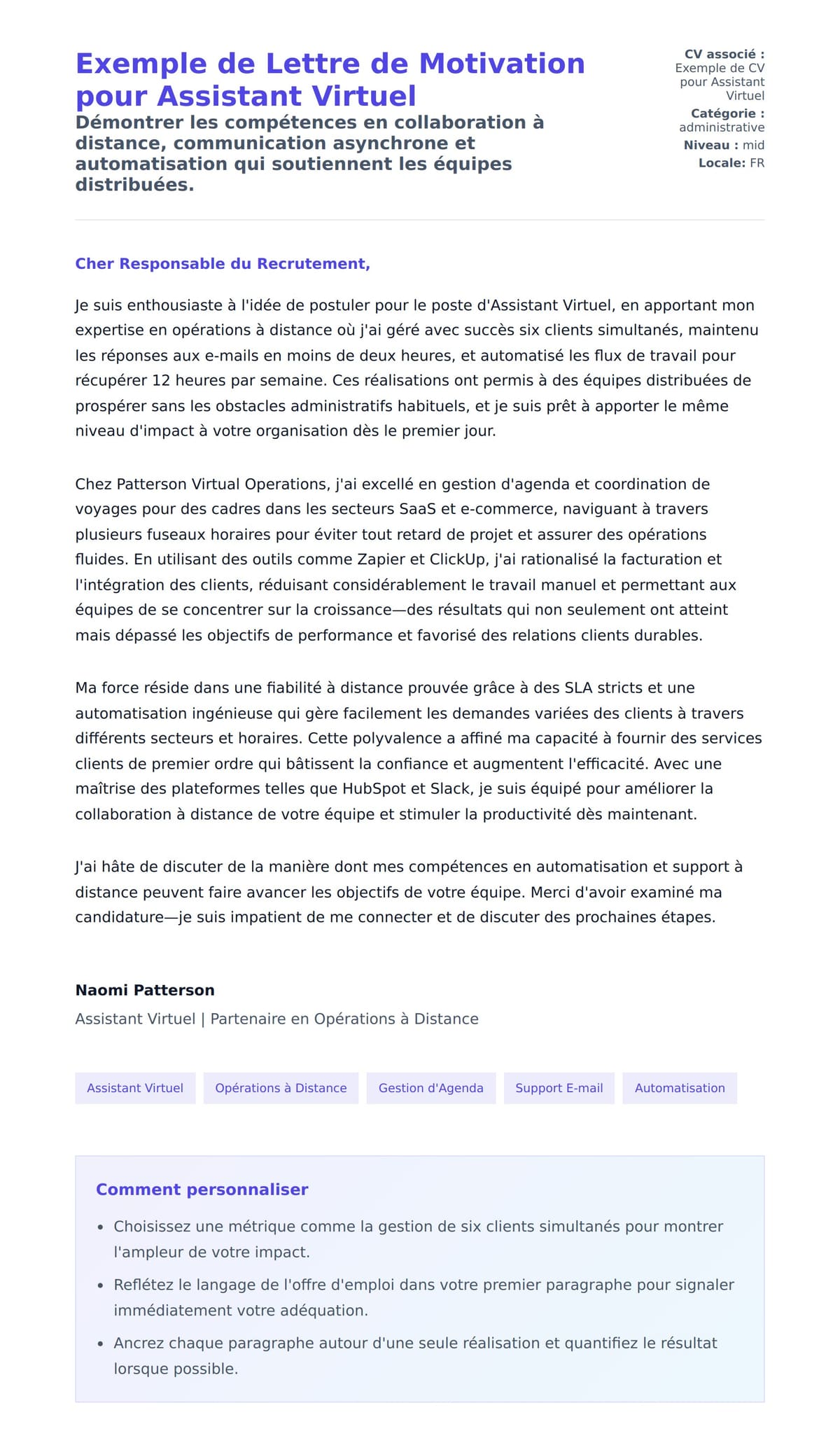 Aperçu de la lettre de motivation pour Exemple de Lettre de Motivation pour Assistant Virtuel