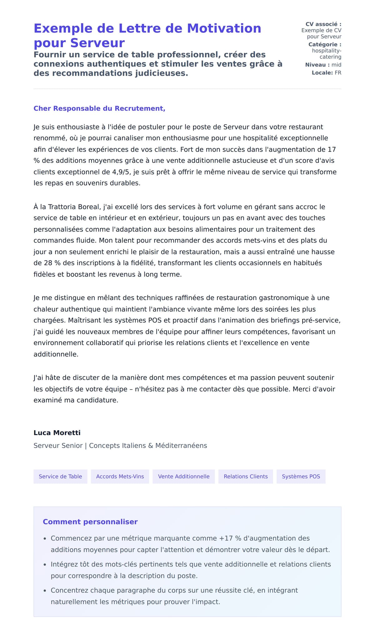 Aperçu de la lettre de motivation pour Exemple de Lettre de Motivation pour Serveur