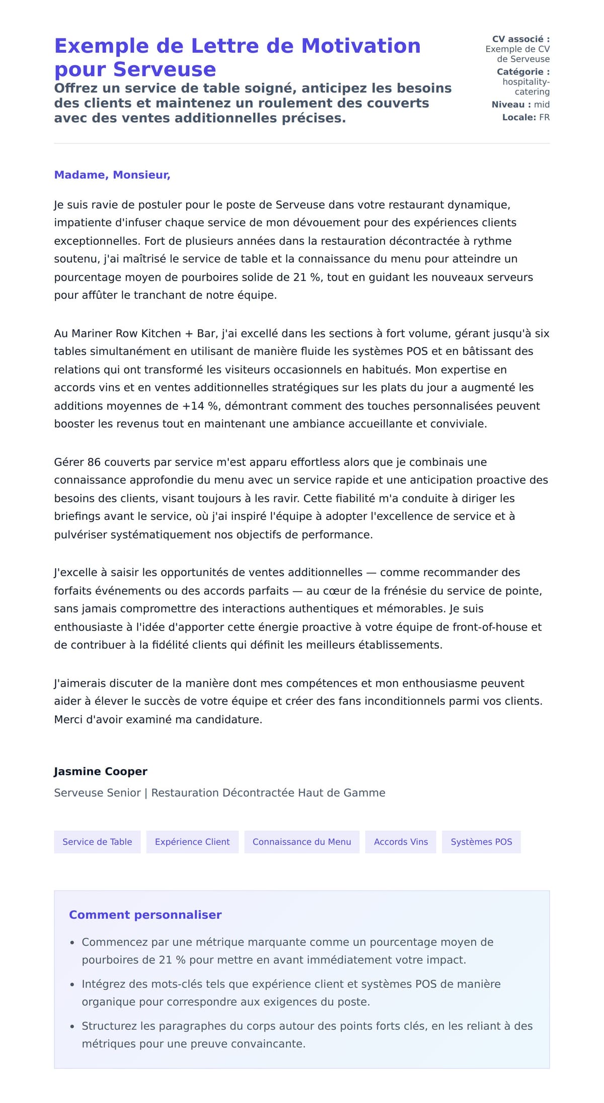 Aperçu de la lettre de motivation pour Exemple de Lettre de Motivation pour Serveuse