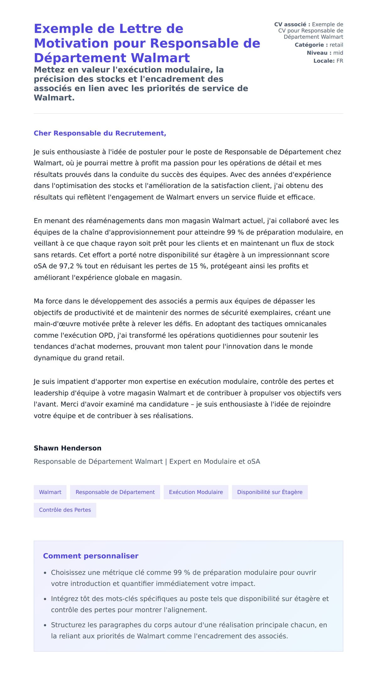 Aperçu de la lettre de motivation pour Exemple de Lettre de Motivation pour Responsable de Département Walmart