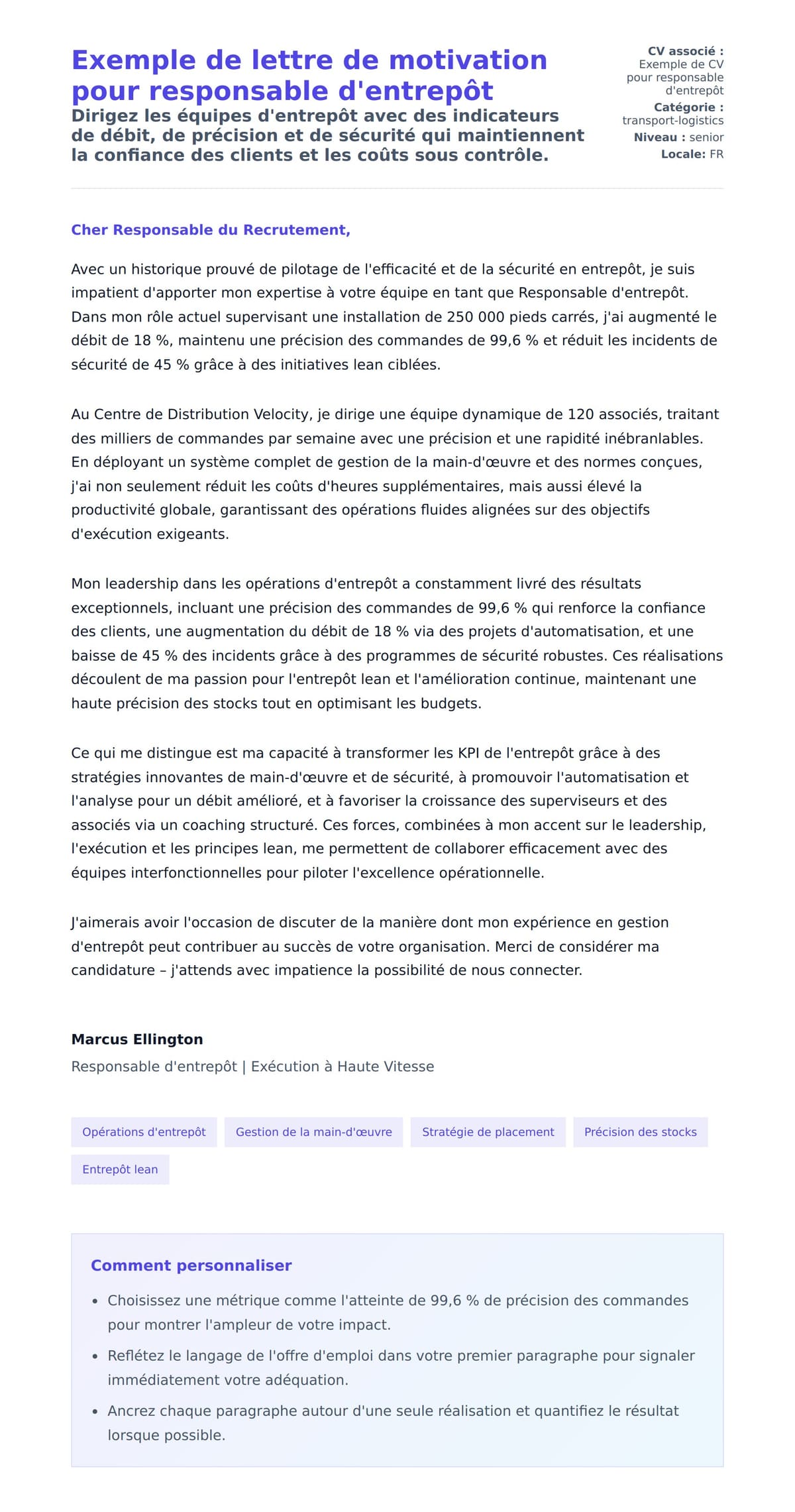 Aperçu de la lettre de motivation pour Exemple de lettre de motivation pour responsable d'entrepôt