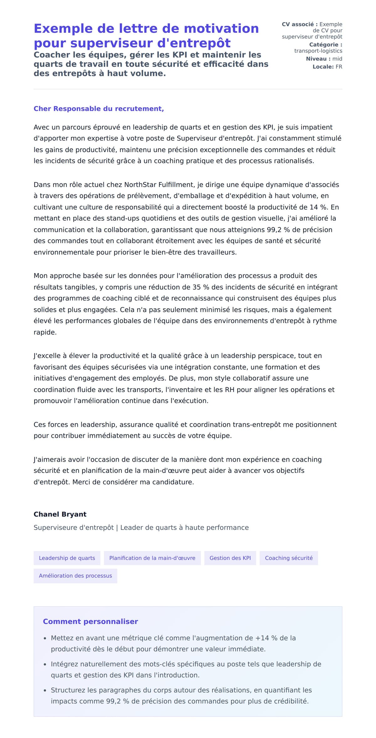 Aperçu de la lettre de motivation pour Exemple de lettre de motivation pour superviseur d'entrepôt