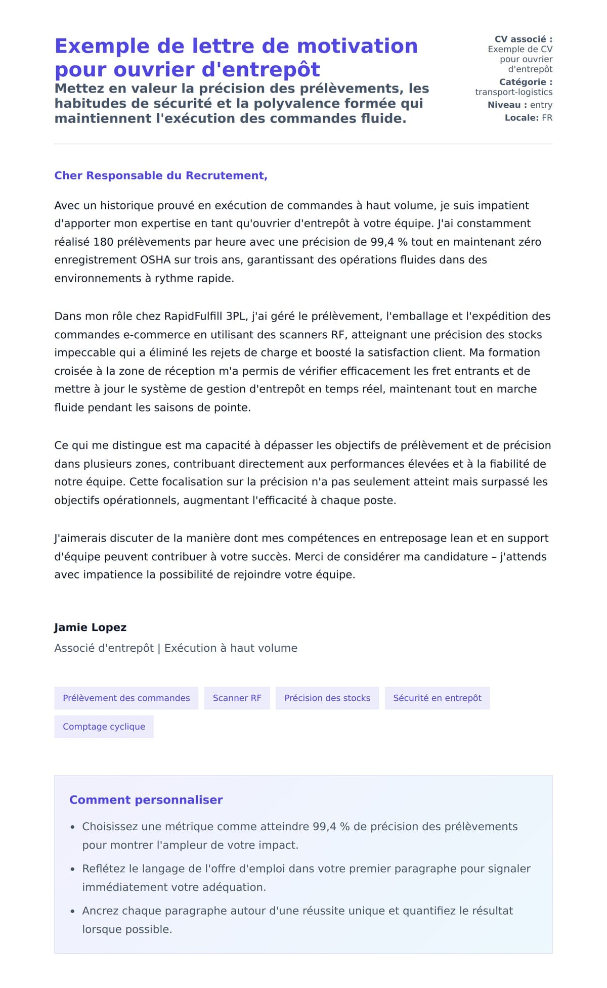 Aperçu de la lettre de motivation pour Exemple de lettre de motivation pour ouvrier d'entrepôt