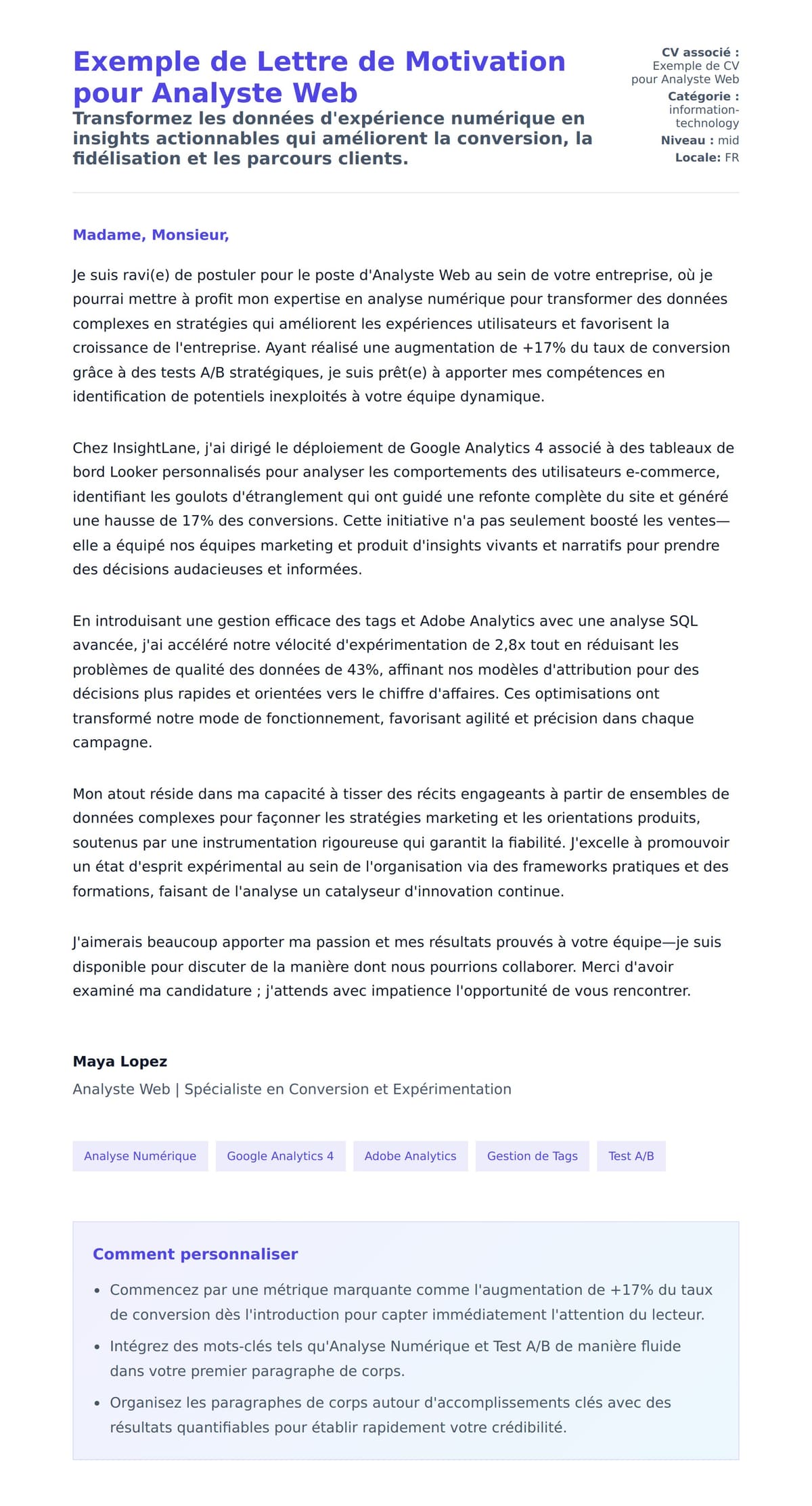 Aperçu de la lettre de motivation pour Exemple de Lettre de Motivation pour Analyste Web