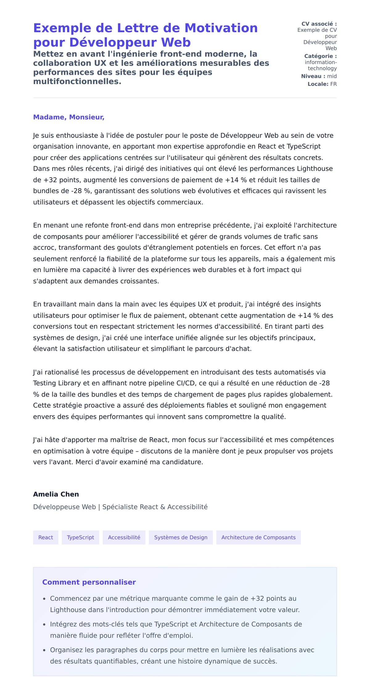 Aperçu de la lettre de motivation pour Exemple de Lettre de Motivation pour Développeur Web