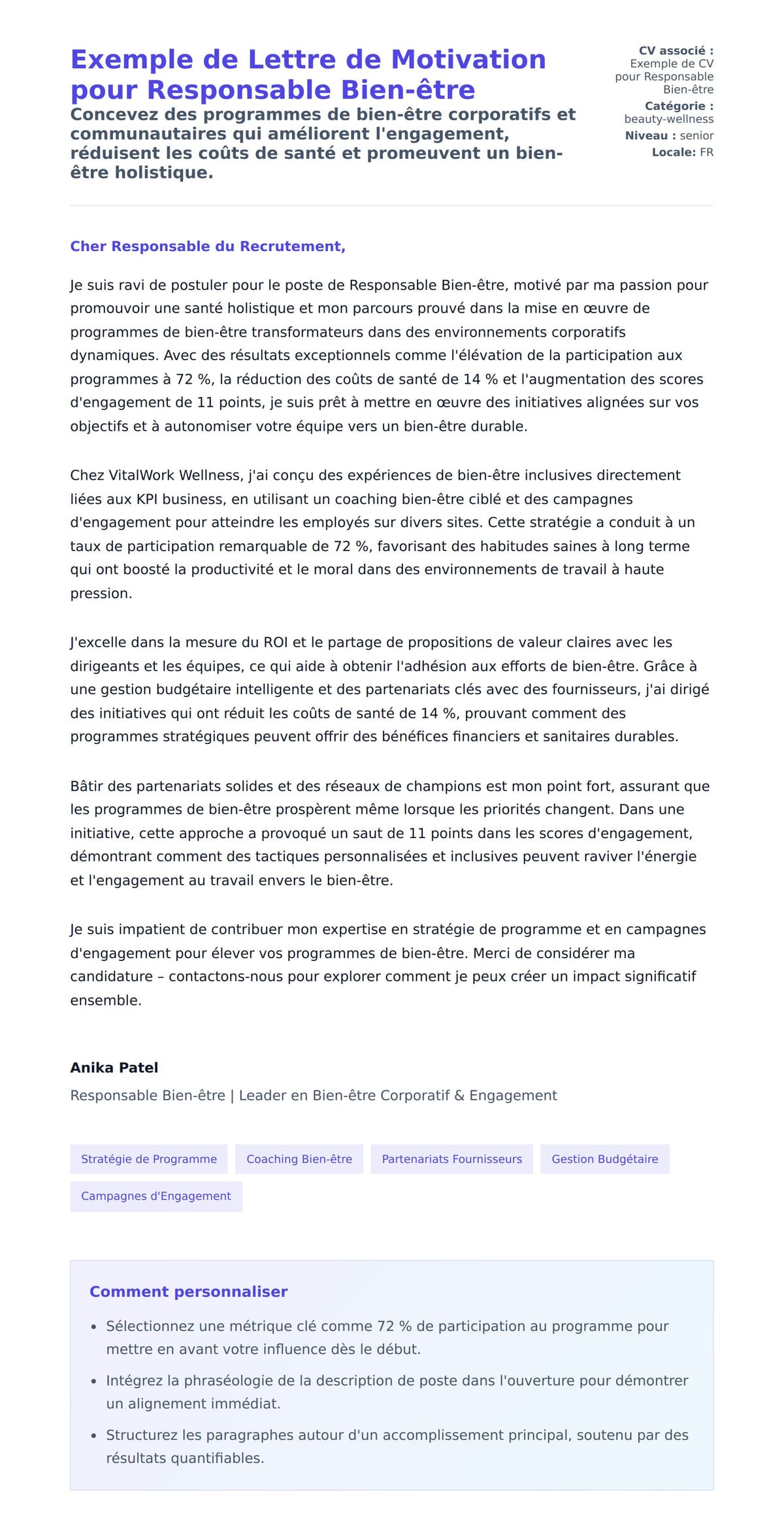 Aperçu de la lettre de motivation pour Exemple de Lettre de Motivation pour Responsable Bien-être