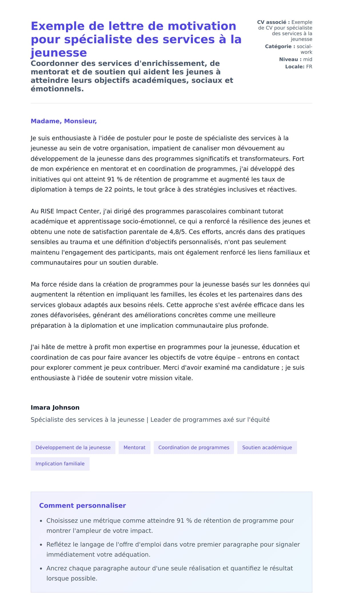 Aperçu de la lettre de motivation pour Exemple de lettre de motivation pour spécialiste des services à la jeunesse