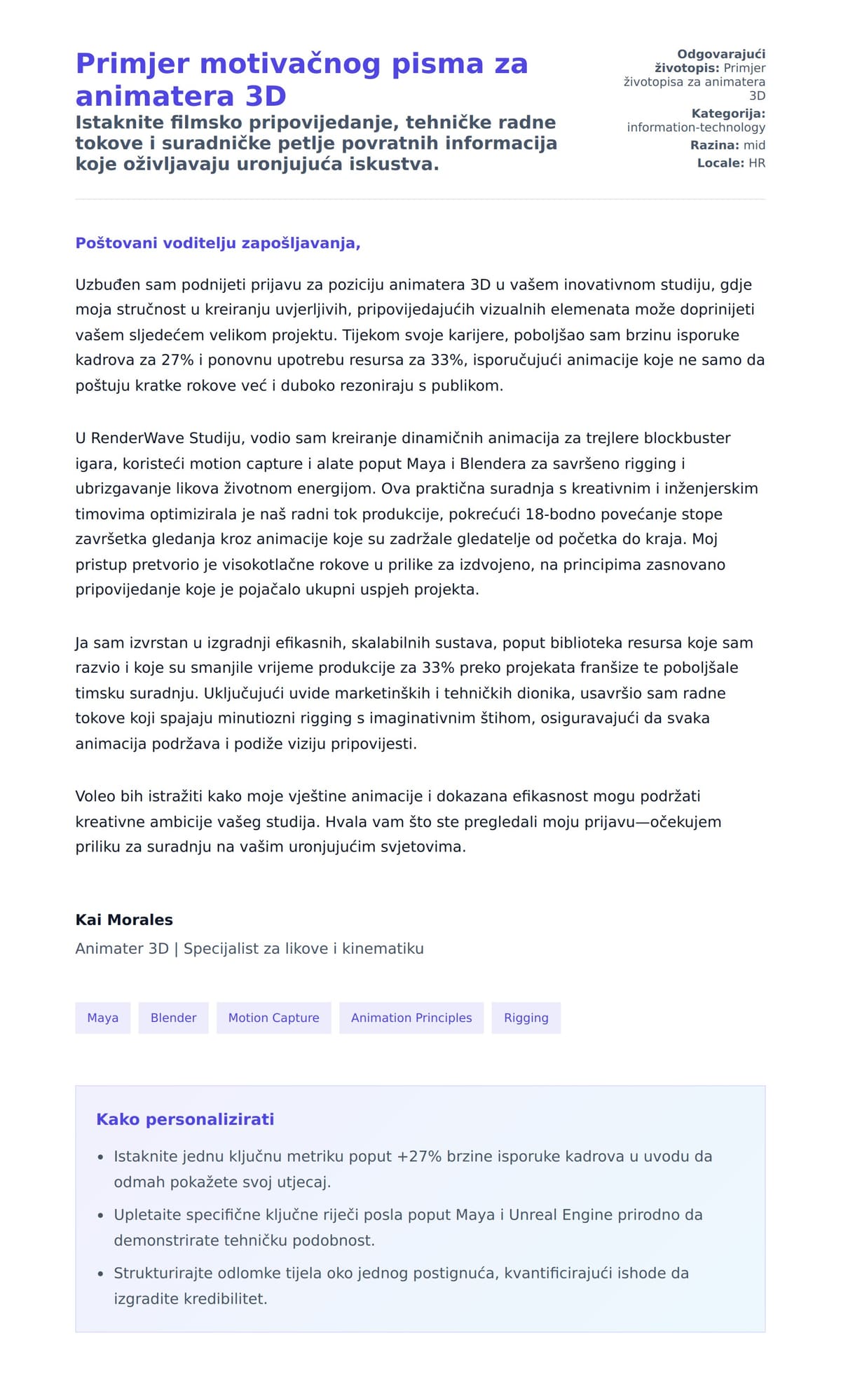 Pregled motivacijskog pisma za Primjer motivačnog pisma za animatera 3D