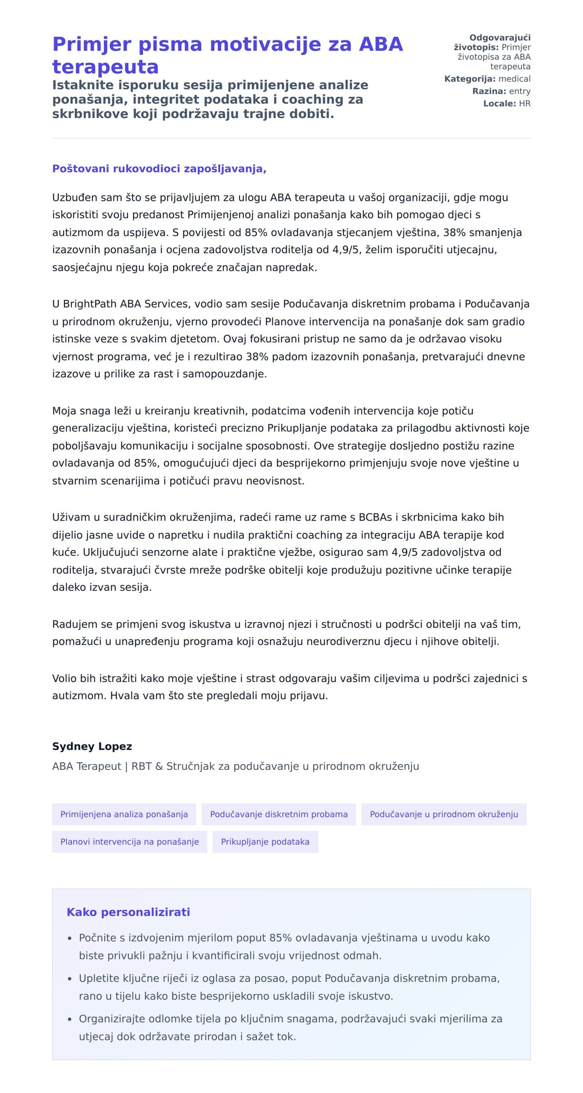 Pregled motivacijskog pisma za Primjer pisma motivacije za ABA terapeuta