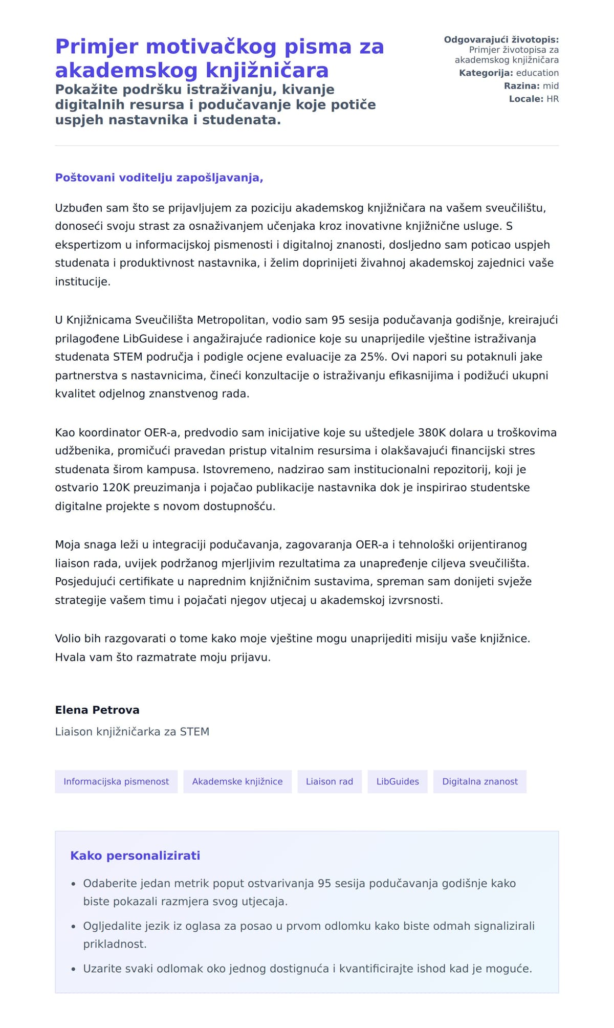 Pregled motivacijskog pisma za Primjer motivačkog pisma za akademskog knjižničara