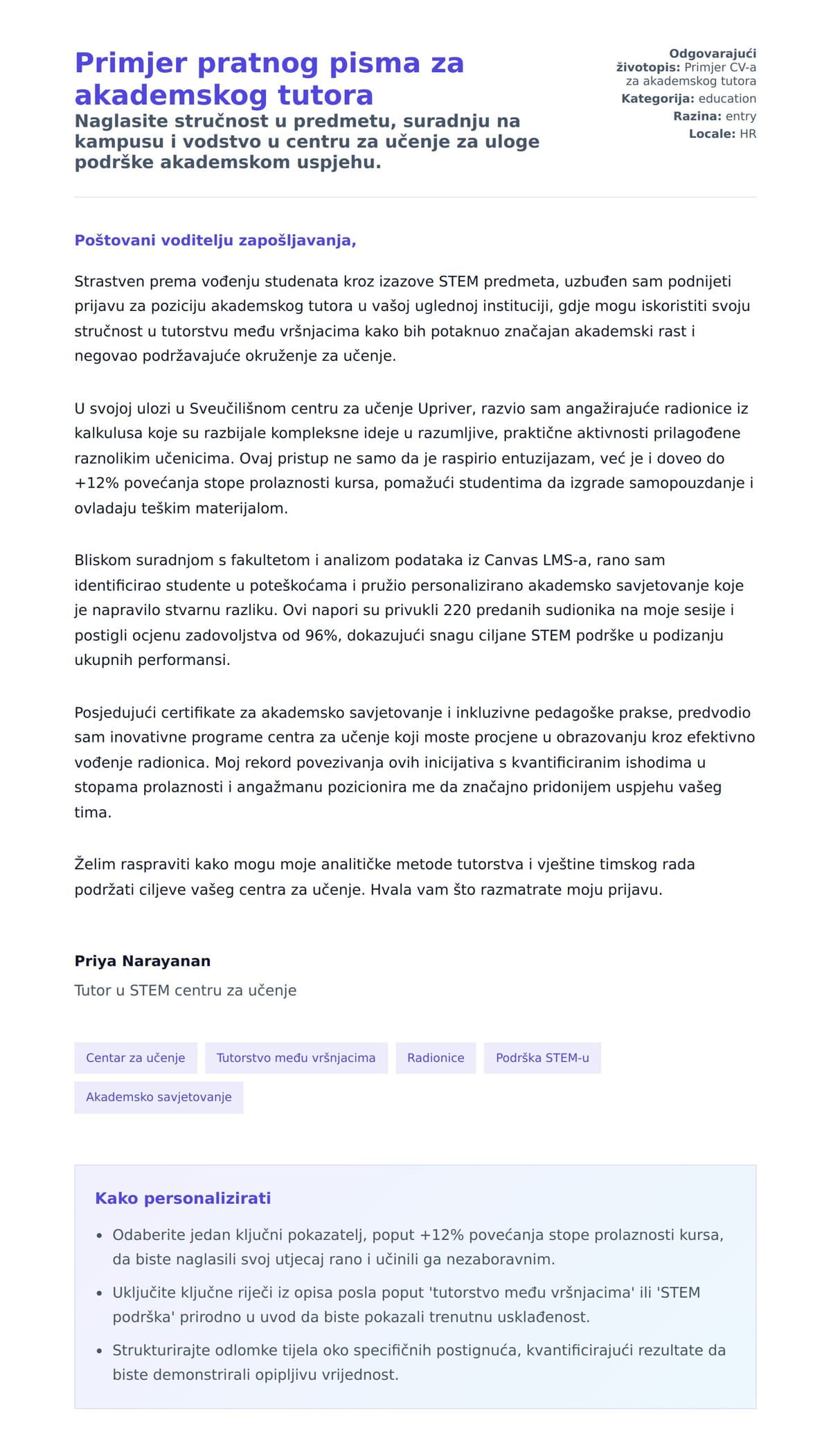 Pregled motivacijskog pisma za Primjer pratnog pisma za akademskog tutora