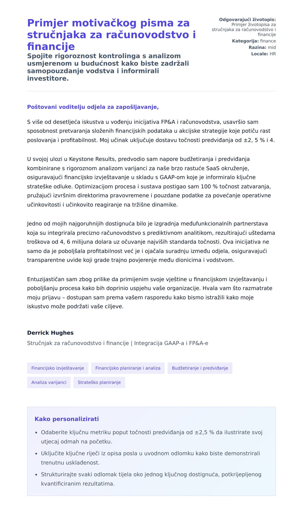 Pregled motivacijskog pisma za Primjer motivačkog pisma za stručnjaka za računovodstvo i financije