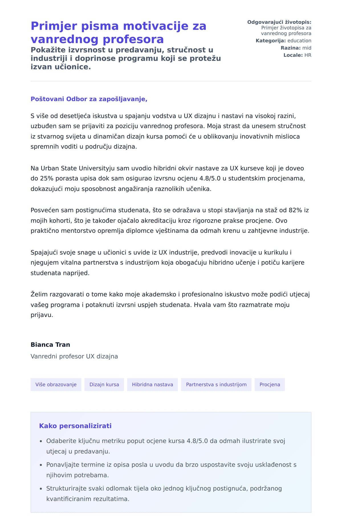 Pregled motivacijskog pisma za Primjer pisma motivacije za vanrednog profesora