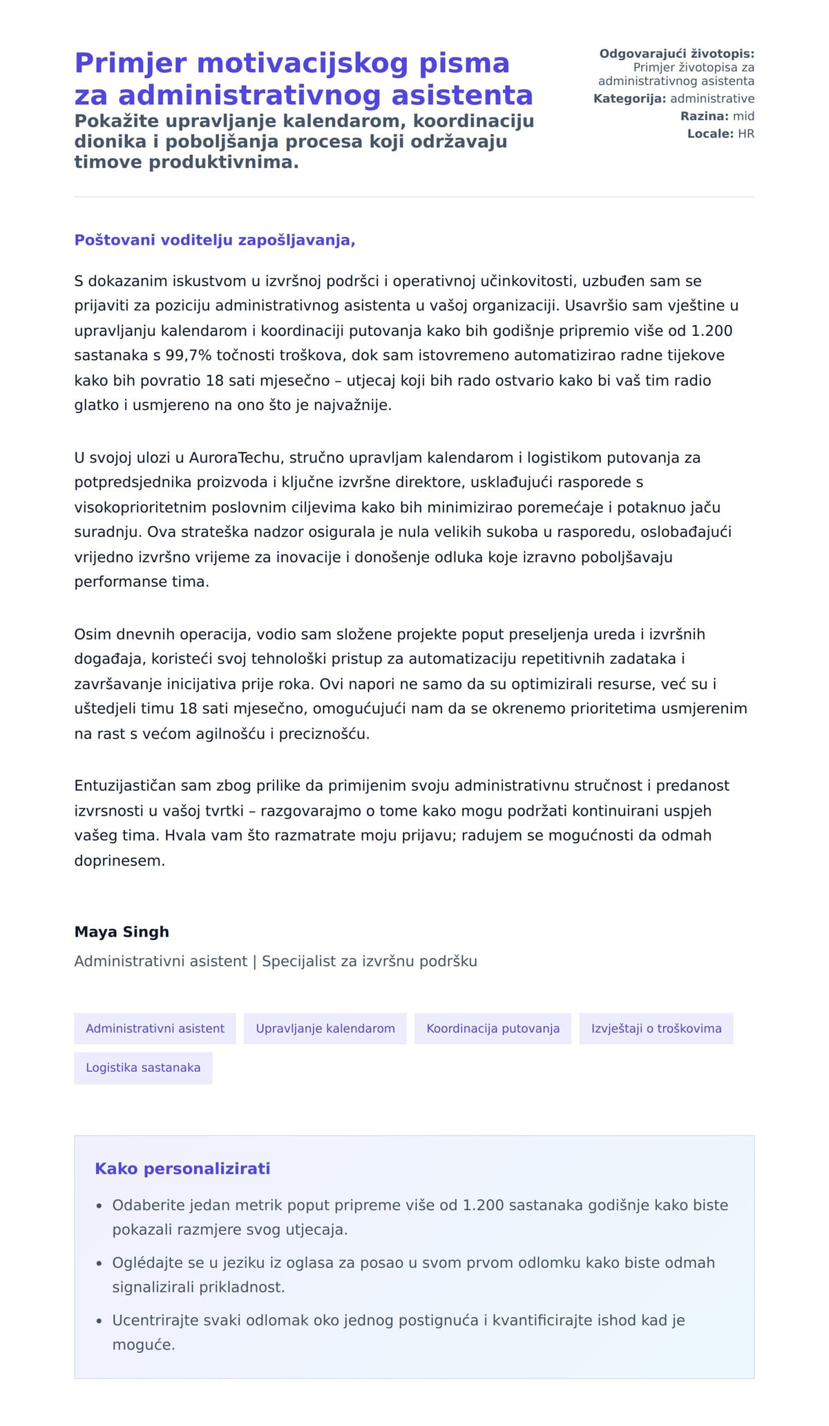 Pregled motivacijskog pisma za Primjer motivacijskog pisma za administrativnog asistenta