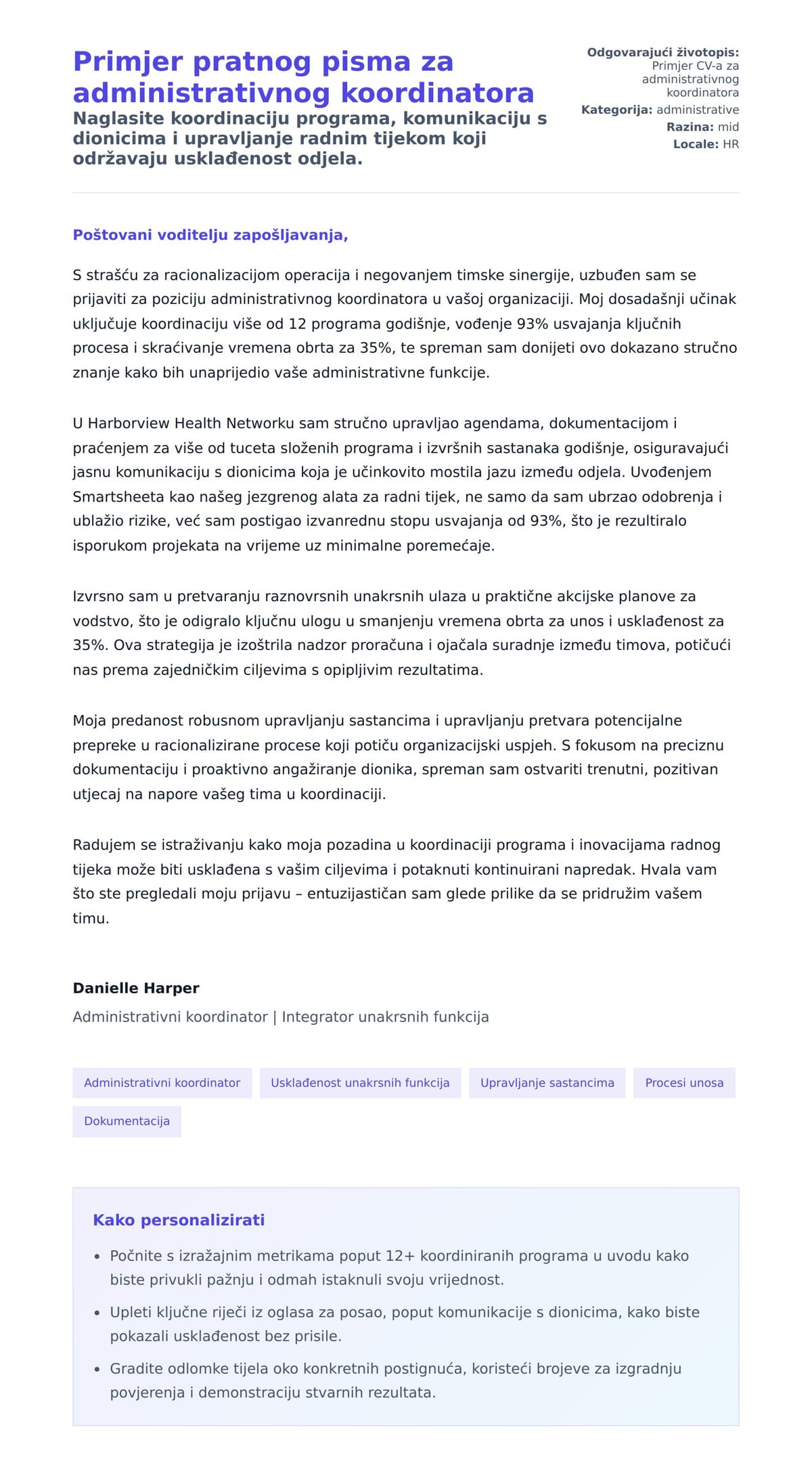 Pregled motivacijskog pisma za Primjer pratnog pisma za administrativnog koordinatora