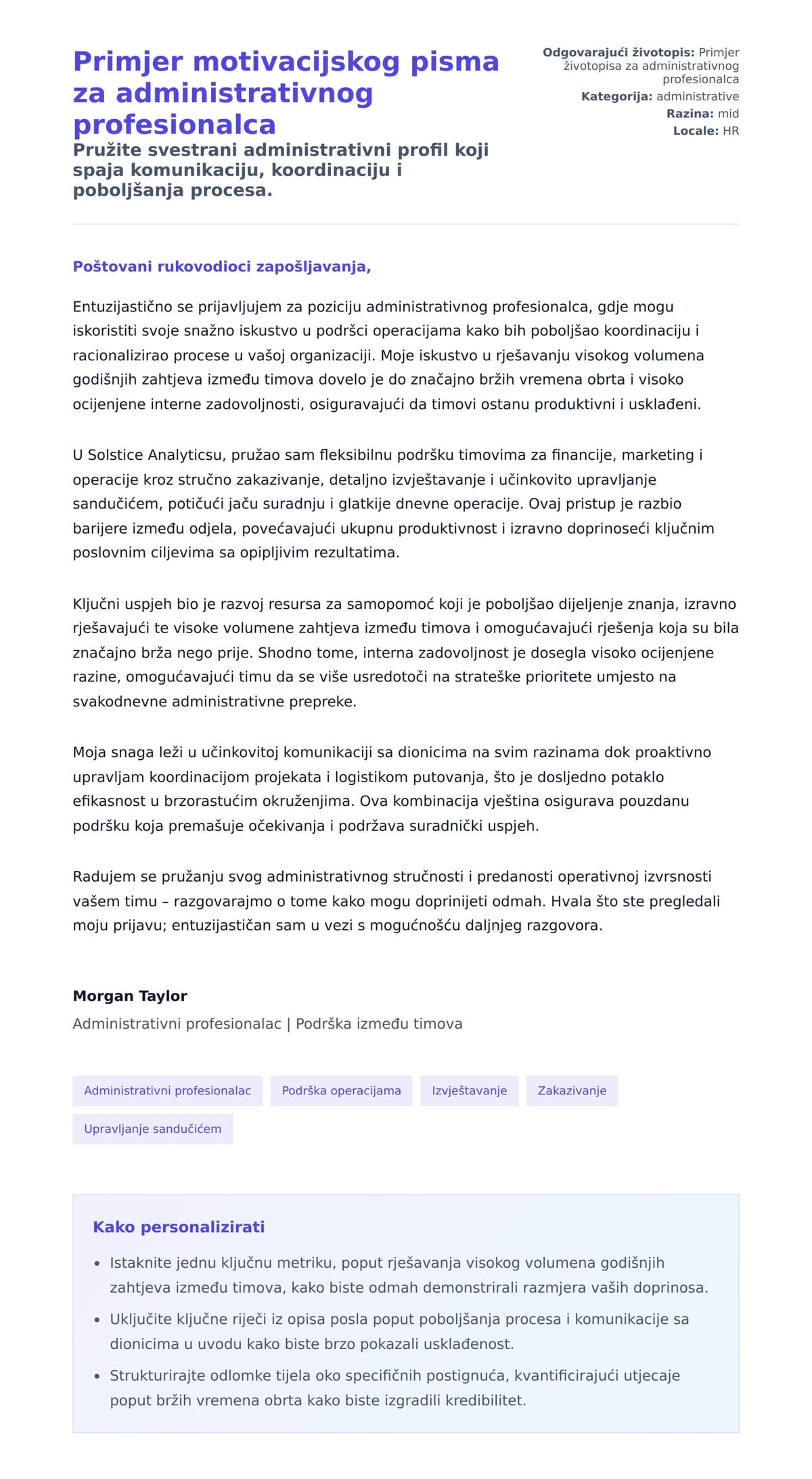 Pregled motivacijskog pisma za Primjer motivacijskog pisma za administrativnog profesionalca
