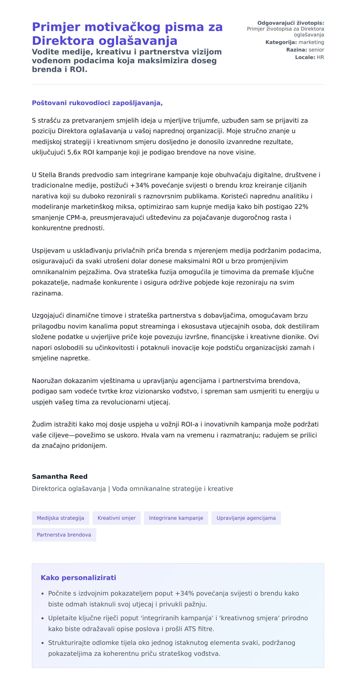 Pregled motivacijskog pisma za Primjer motivačkog pisma za Direktora oglašavanja