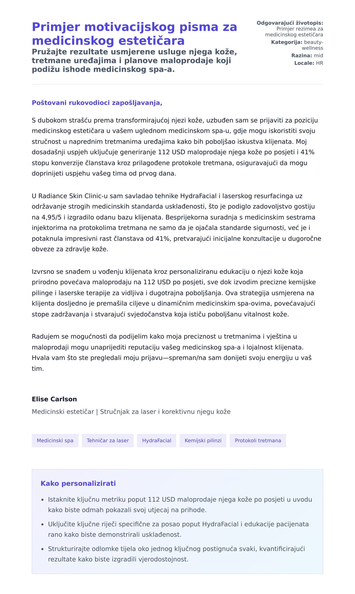 Pregled motivacijskog pisma za Primjer motivacijskog pisma za medicinskog estetičara