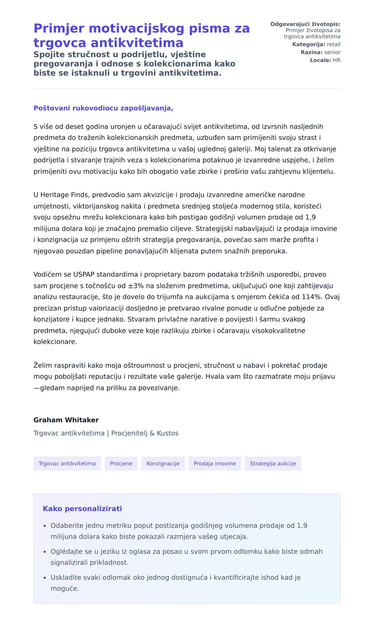 Pregled motivacijskog pisma za Primjer motivacijskog pisma za trgovca antikvitetima