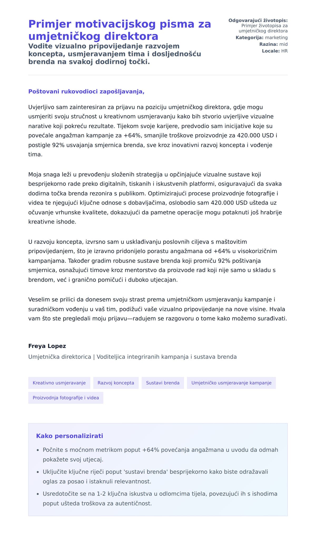 Pregled motivacijskog pisma za Primjer motivacijskog pisma za umjetničkog direktora