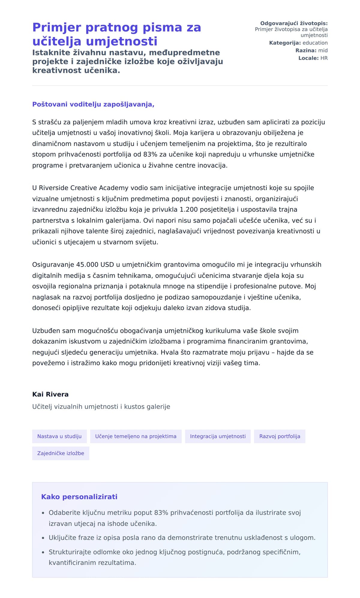 Pregled motivacijskog pisma za Primjer pratnog pisma za učitelja umjetnosti