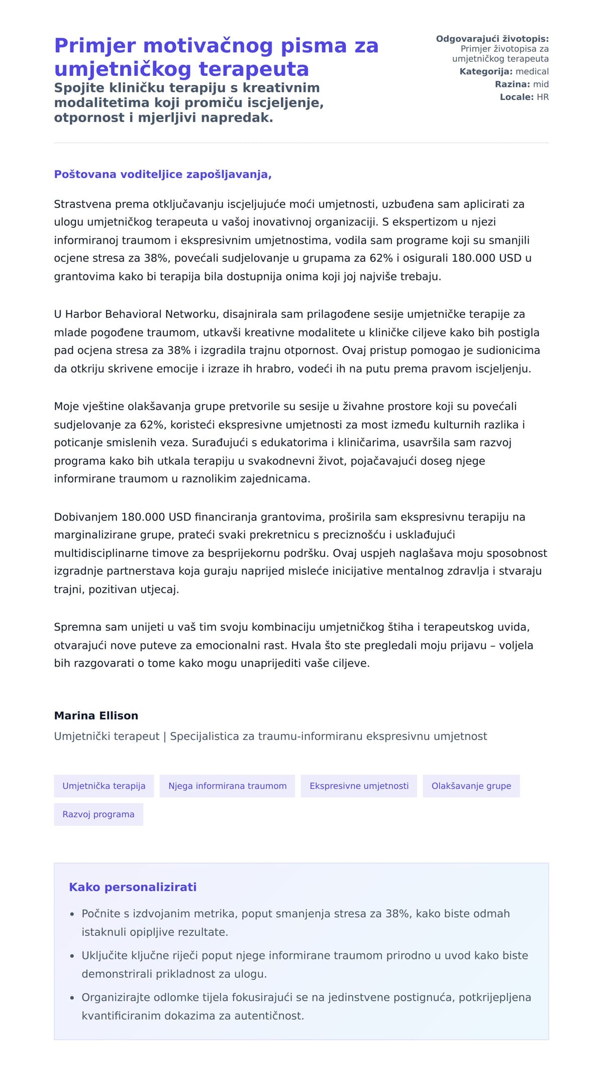 Pregled motivacijskog pisma za Primjer motivačnog pisma za umjetničkog terapeuta