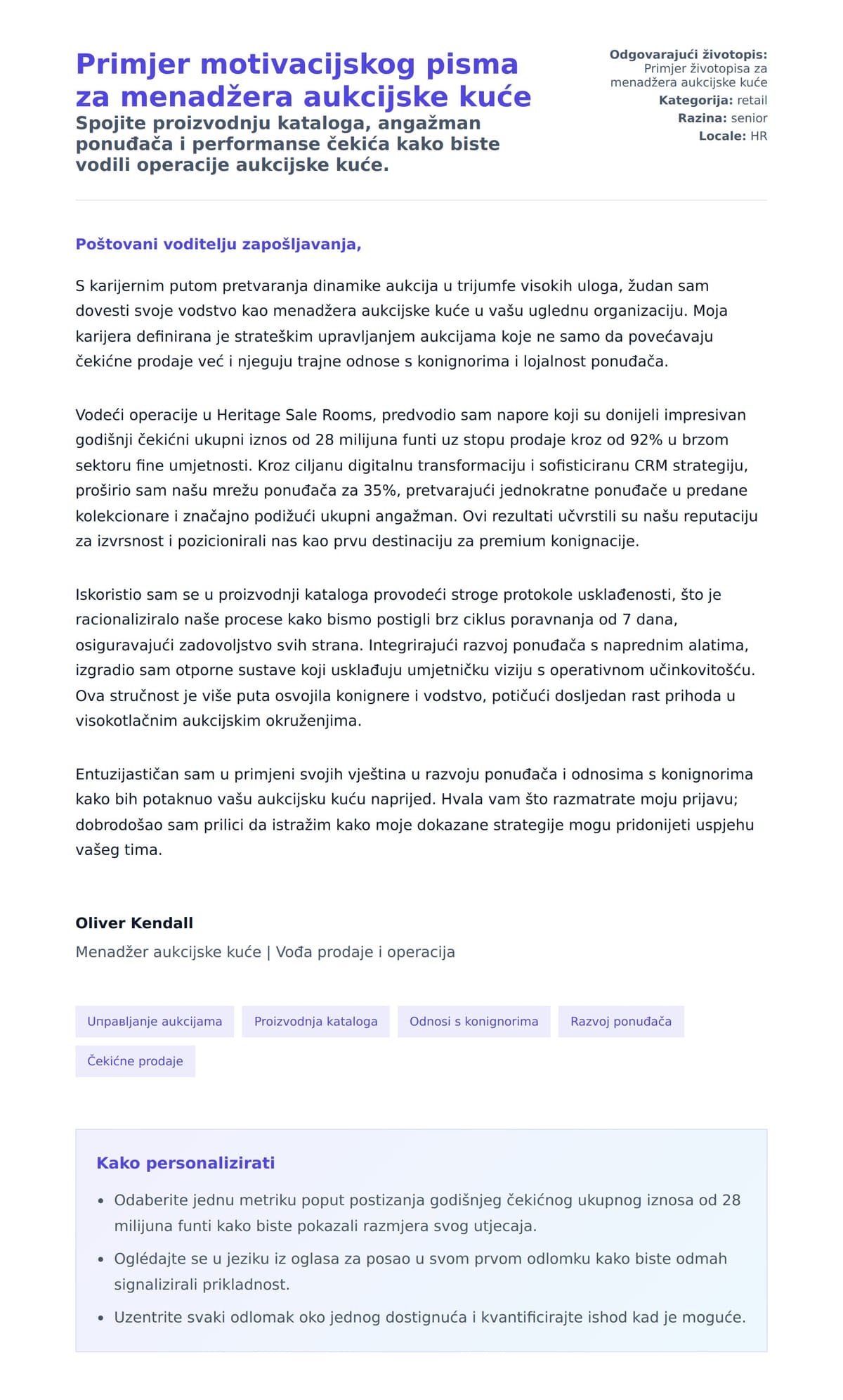 Pregled motivacijskog pisma za Primjer motivacijskog pisma za menadžera aukcijske kuće