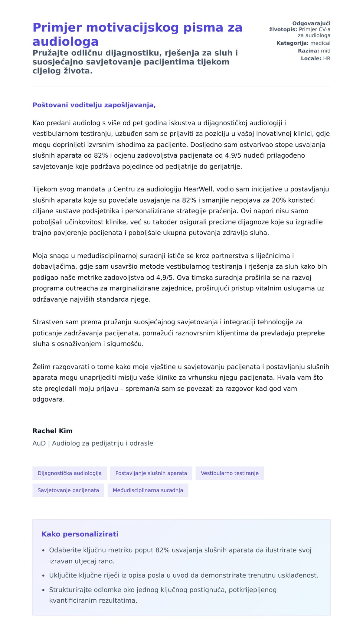 Pregled motivacijskog pisma za Primjer motivacijskog pisma za audiologa