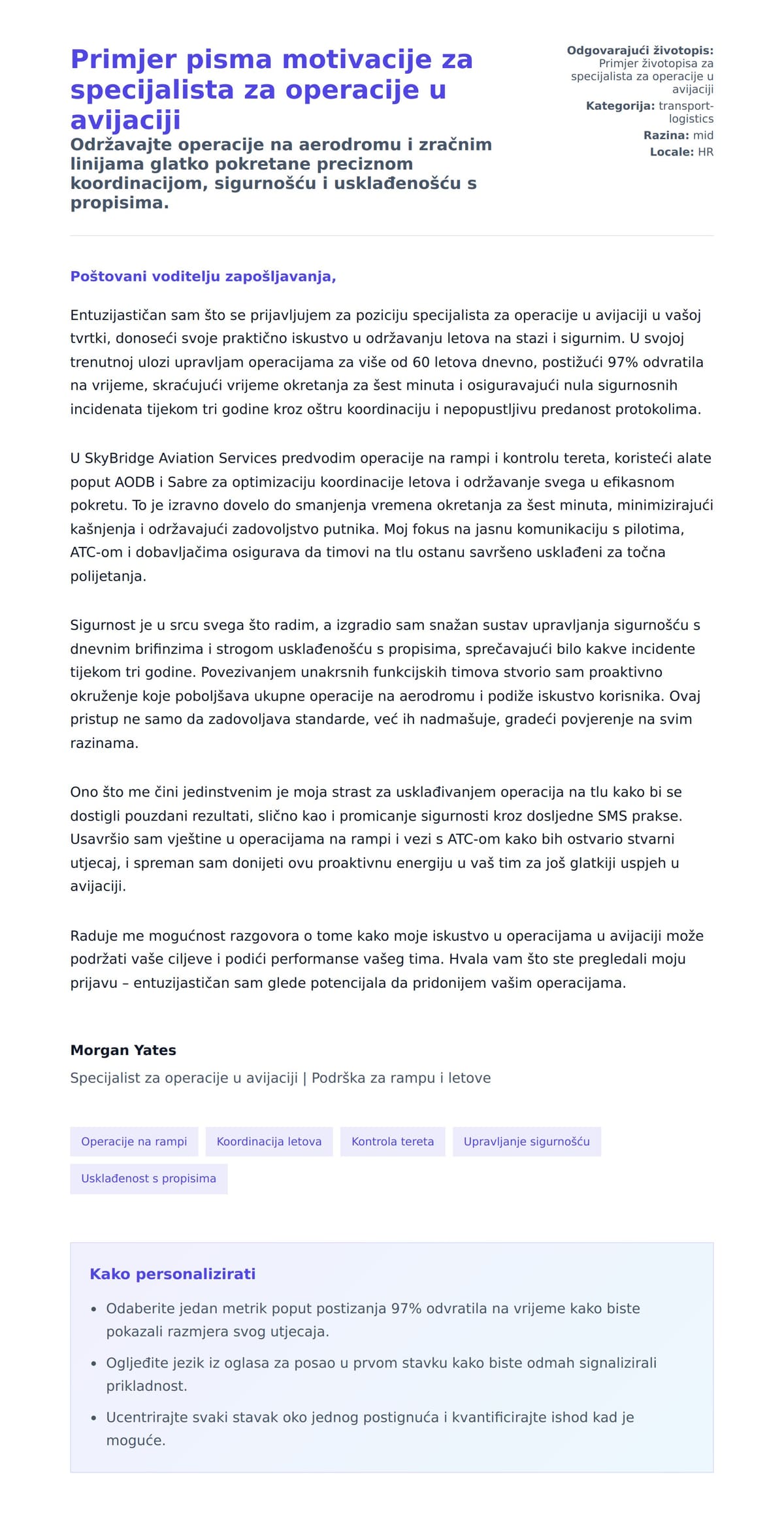 Pregled motivacijskog pisma za Primjer pisma motivacije za specijalista za operacije u avijaciji