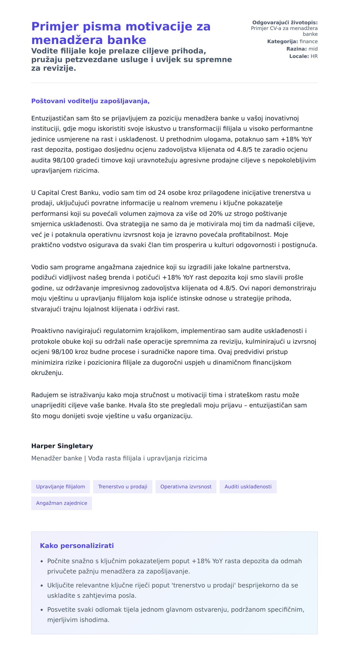 Pregled motivacijskog pisma za Primjer pisma motivacije za menadžera banke