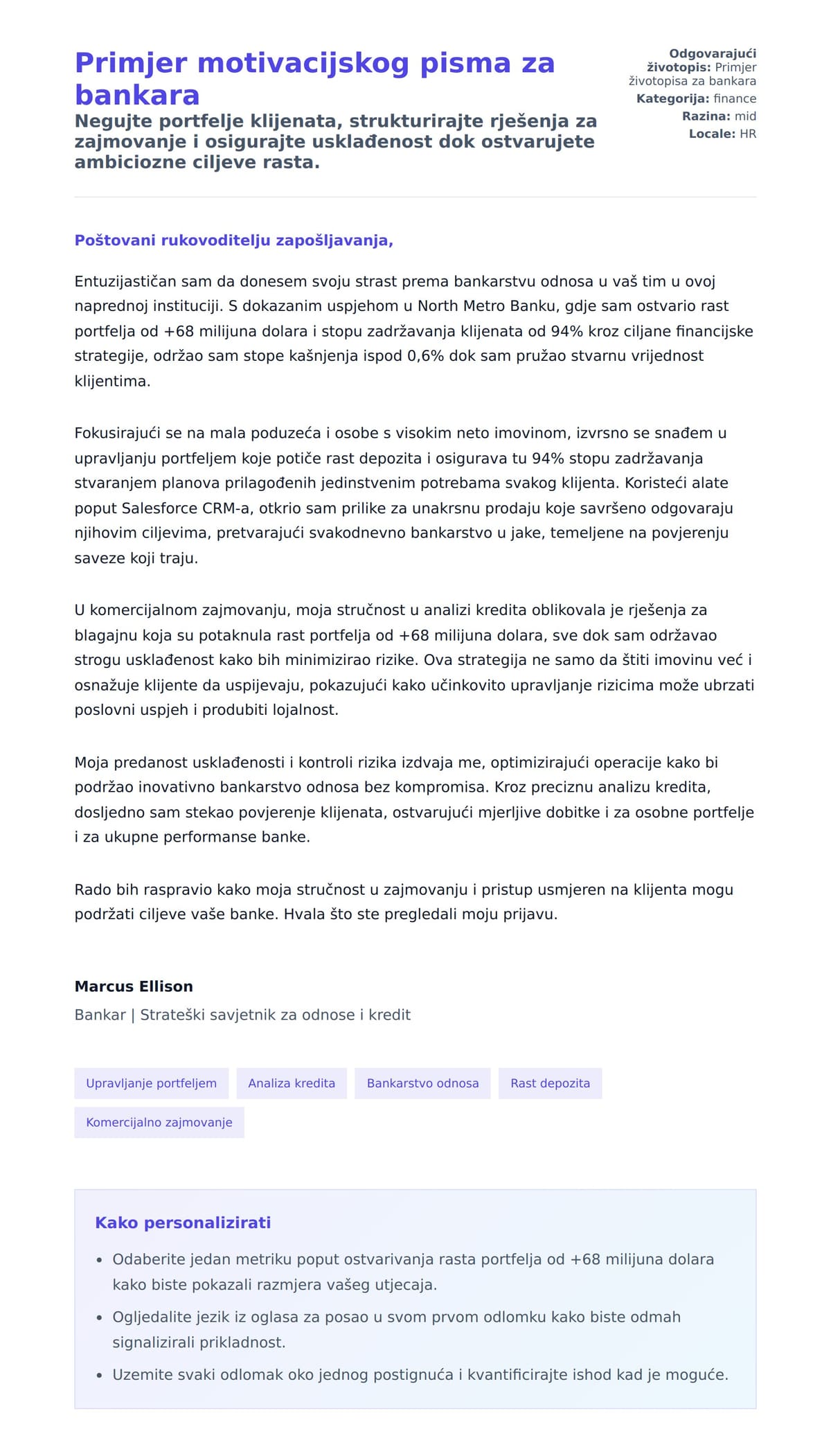 Pregled motivacijskog pisma za Primjer motivacijskog pisma za bankara
