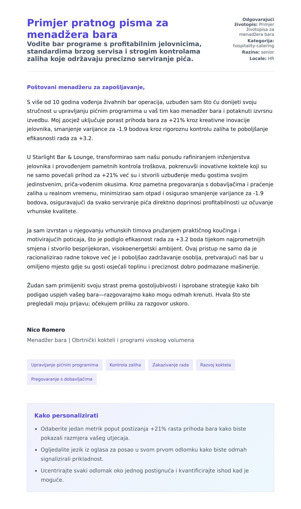 Pregled motivacijskog pisma za Primjer pratnog pisma za menadžera bara