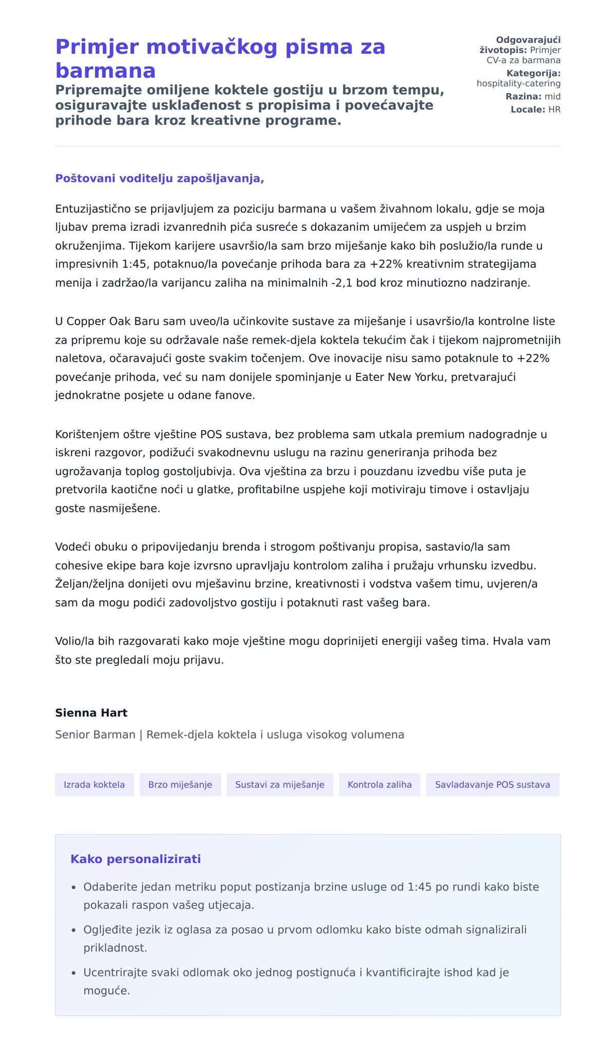 Pregled motivacijskog pisma za Primjer motivačkog pisma za barmana