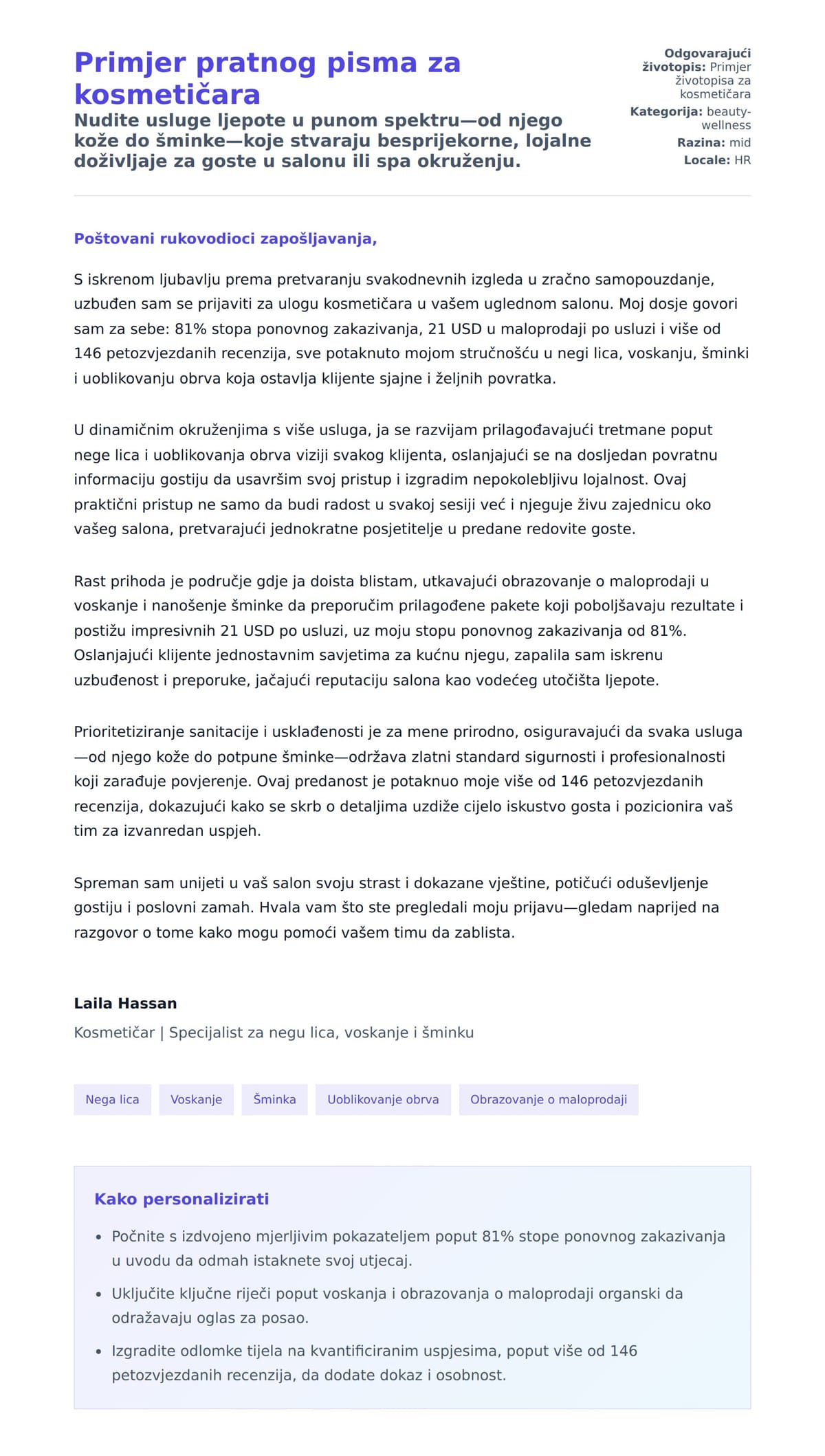 Pregled motivacijskog pisma za Primjer pratnog pisma za kosmetičara