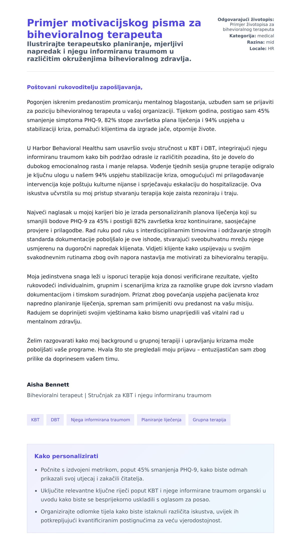 Pregled motivacijskog pisma za Primjer motivacijskog pisma za bihevioralnog terapeuta