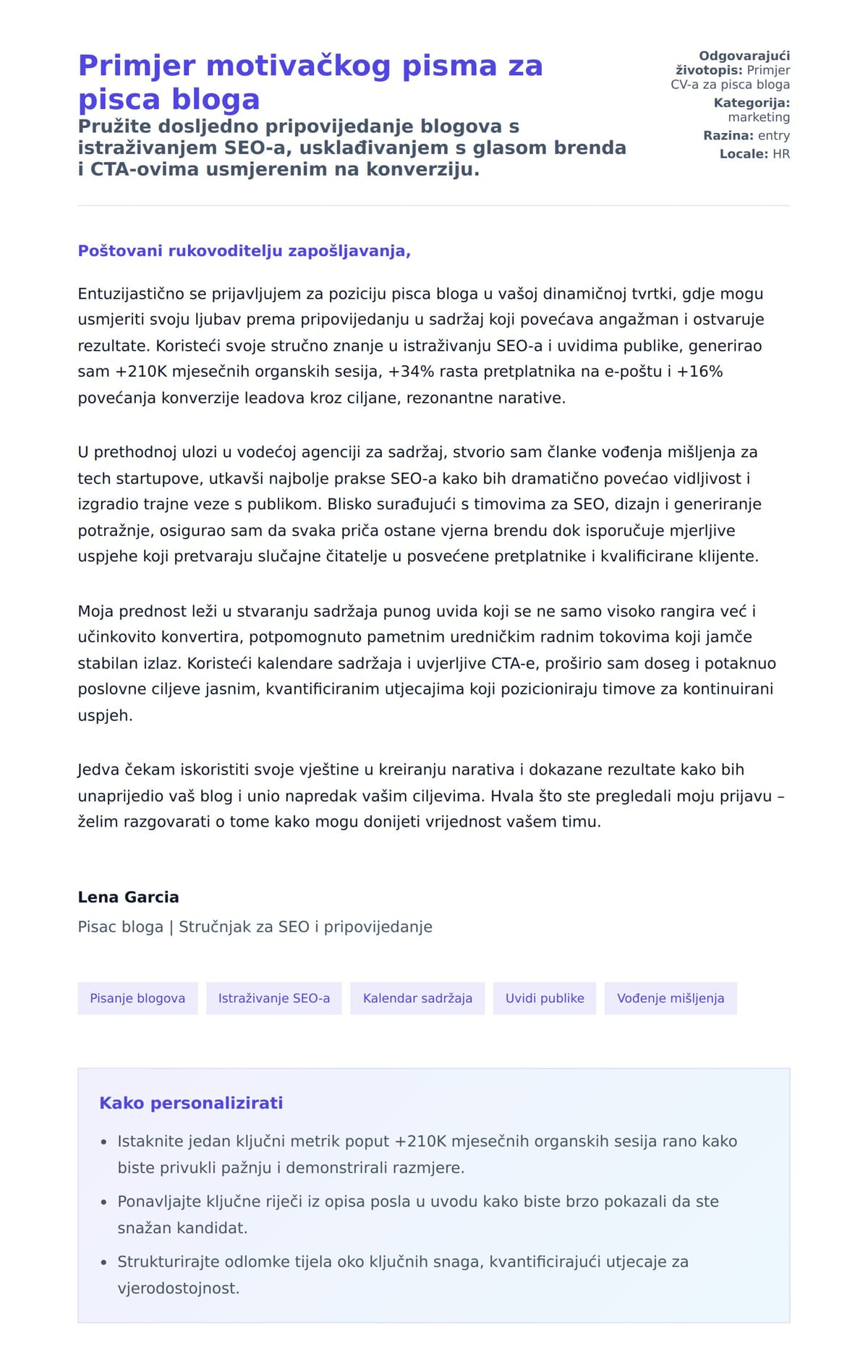 Pregled motivacijskog pisma za Primjer motivačkog pisma za pisca bloga