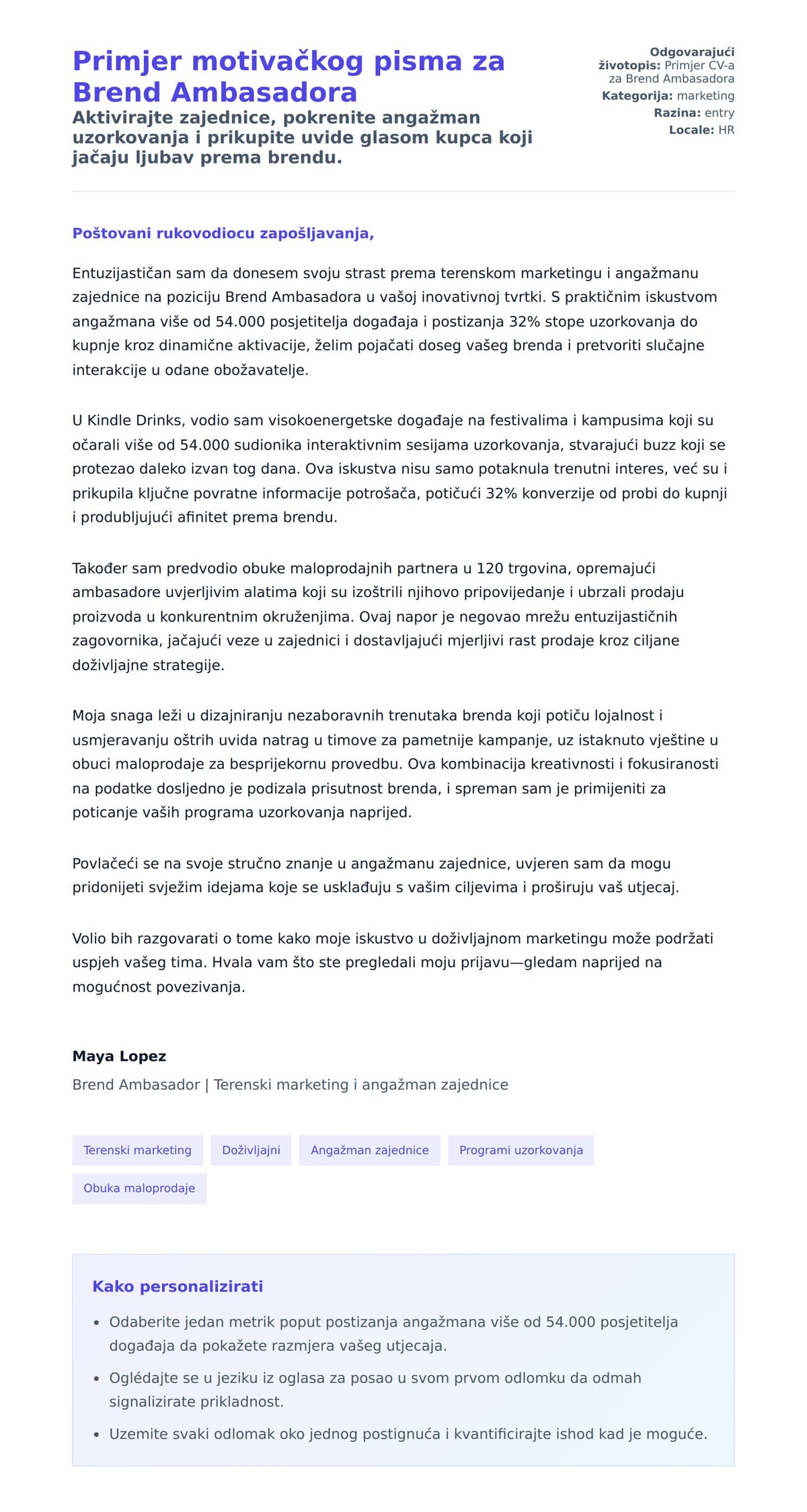 Pregled motivacijskog pisma za Primjer motivačkog pisma za Brend Ambasadora