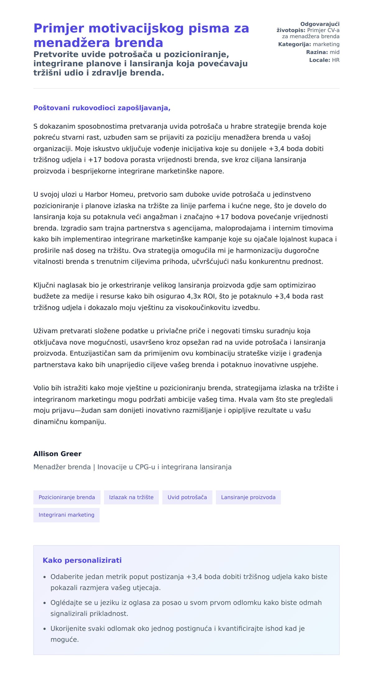 Pregled motivacijskog pisma za Primjer motivacijskog pisma za menadžera brenda
