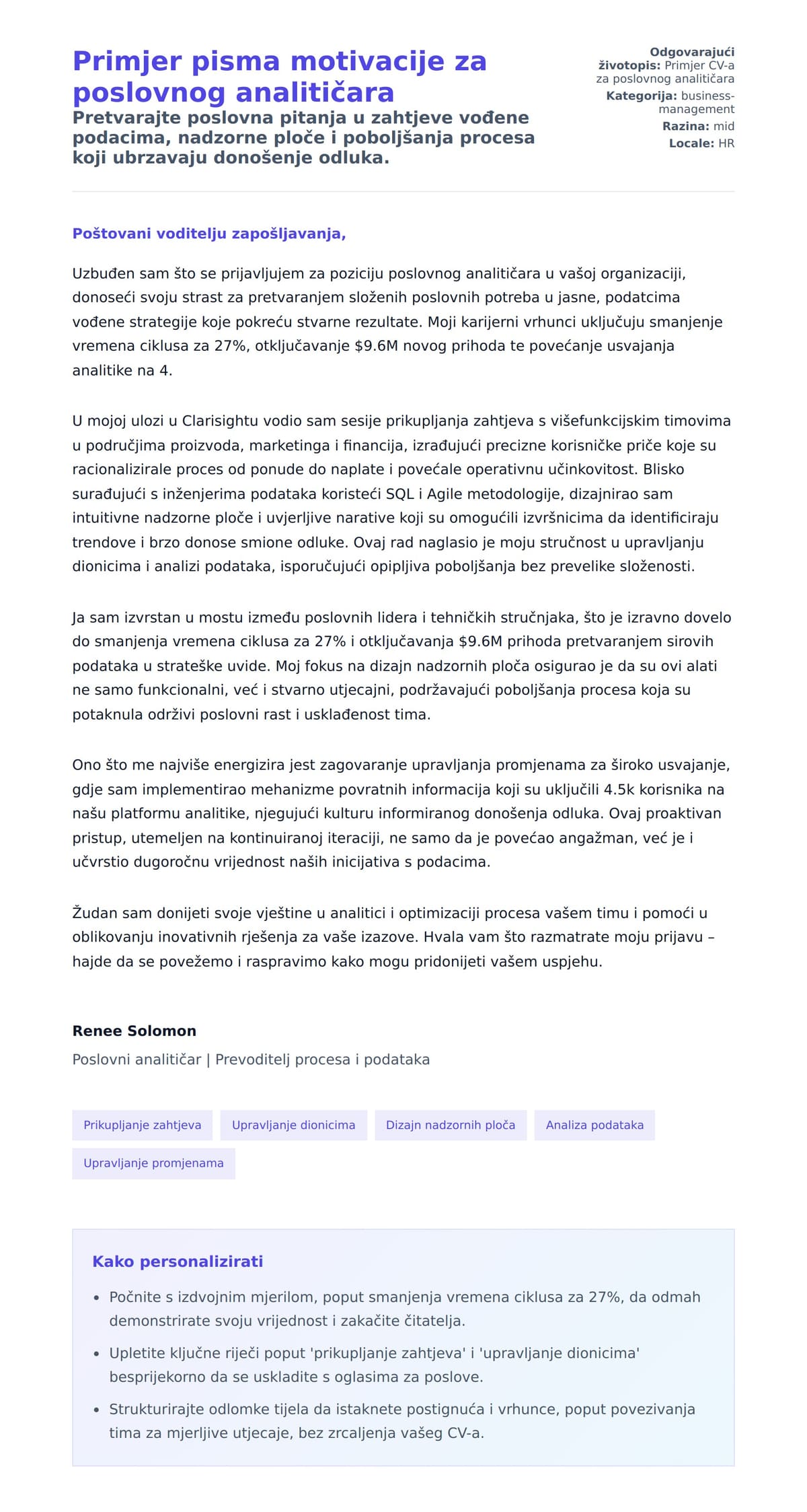 Pregled motivacijskog pisma za Primjer pisma motivacije za poslovnog analitičara