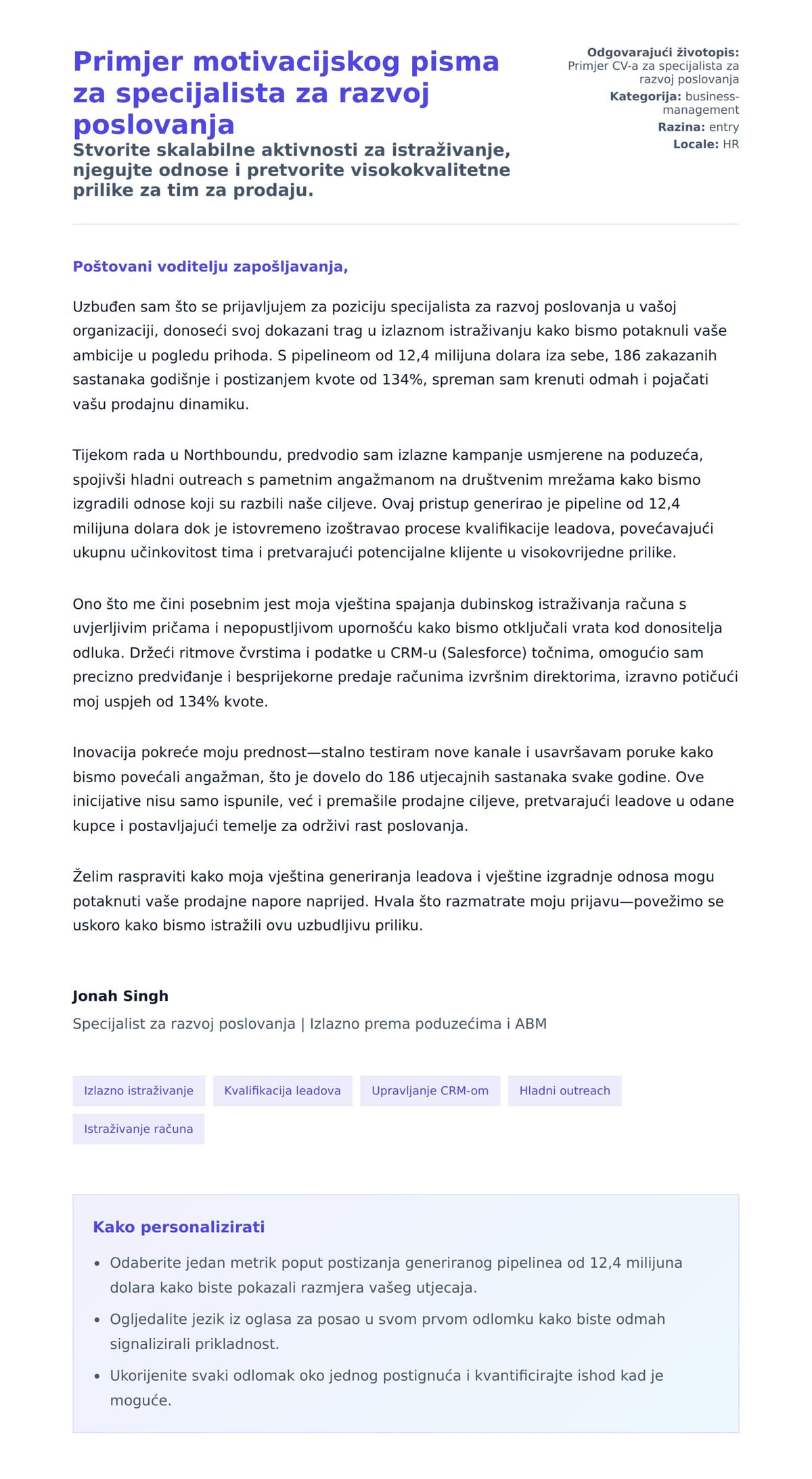 Pregled motivacijskog pisma za Primjer motivacijskog pisma za specijalista za razvoj poslovanja