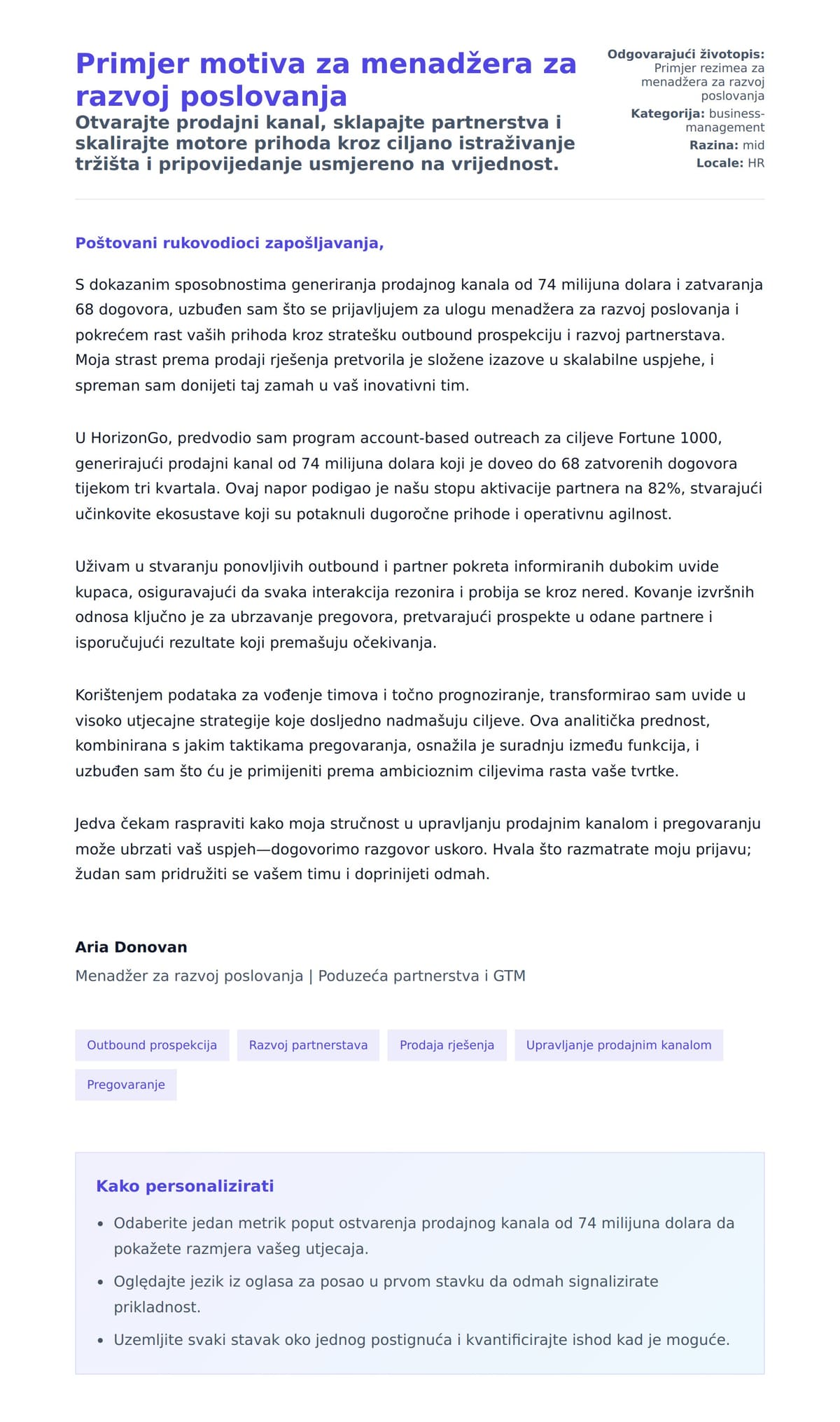 Pregled motivacijskog pisma za Primjer motiva za menadžera za razvoj poslovanja