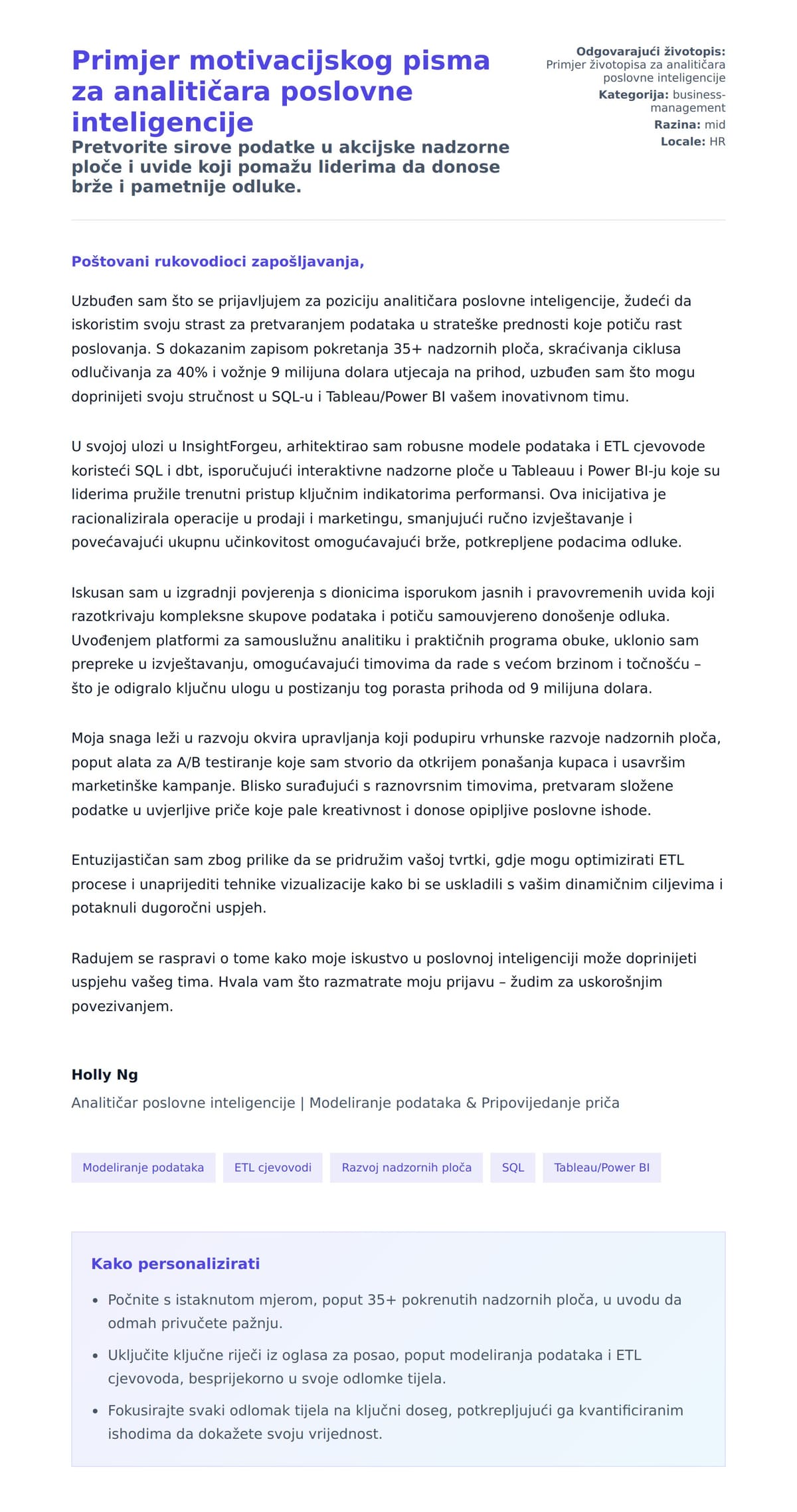 Pregled motivacijskog pisma za Primjer motivacijskog pisma za analitičara poslovne inteligencije